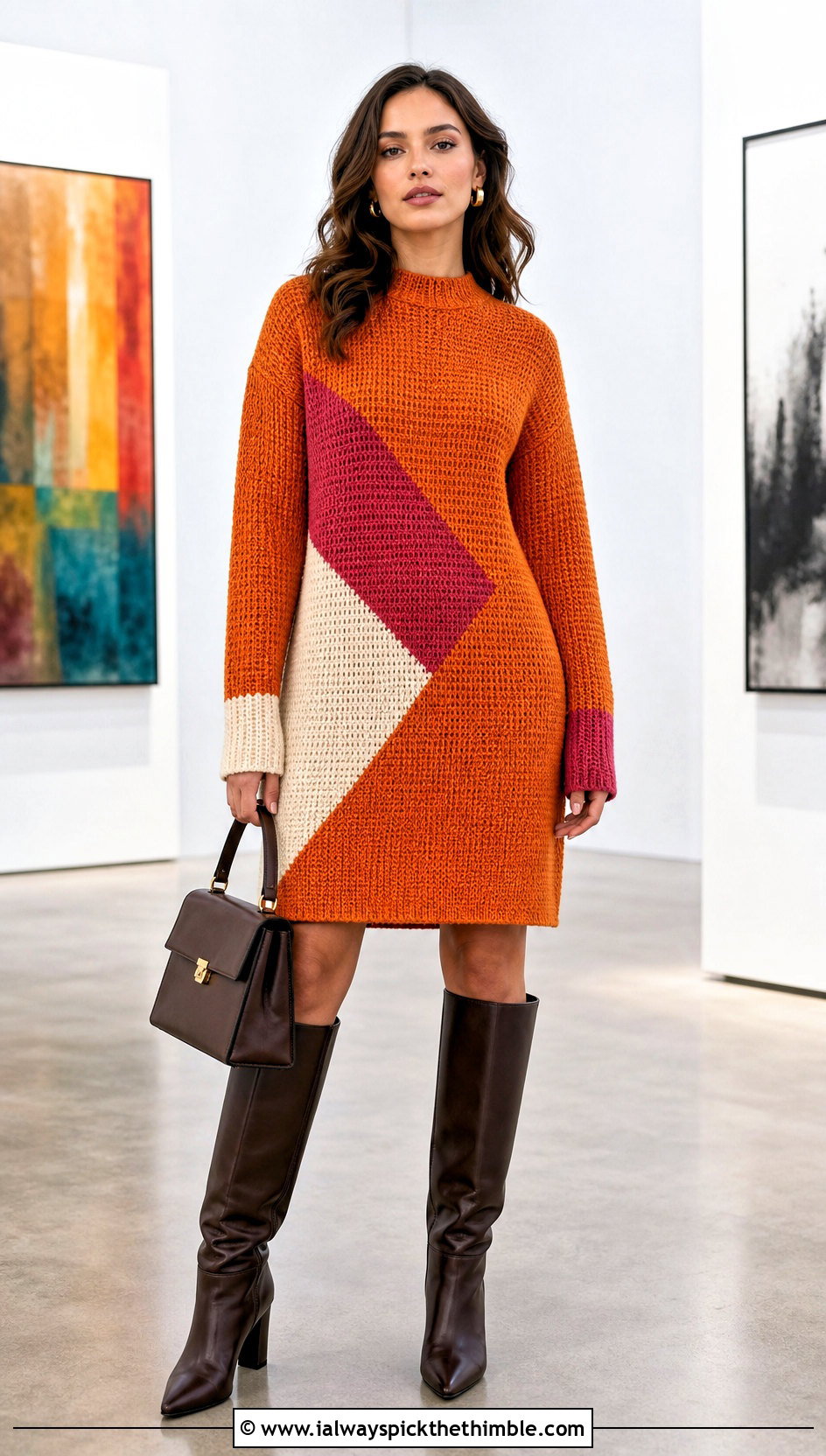 Tunisian Color Block Sweater Dress With Knee High Boots - 20 Tunisian Crochet Clothing and outfit ideas