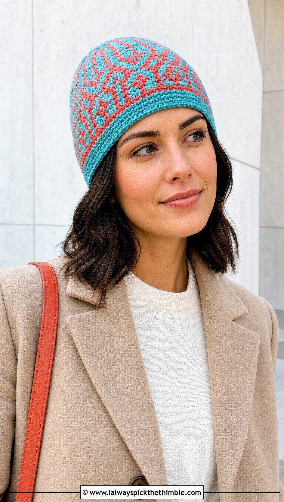 Tunisian Colorwork Beanie With Minimalist Coat - 25 tunisian crochet beanie outfit ideas