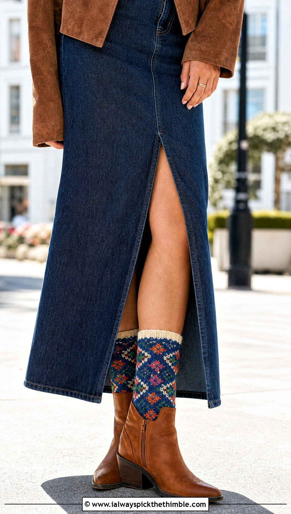 Tunisian Colorwork Socks With Denim Maxi Skirt And Western Boots - 25 tunisian crochet socks outfit ideas