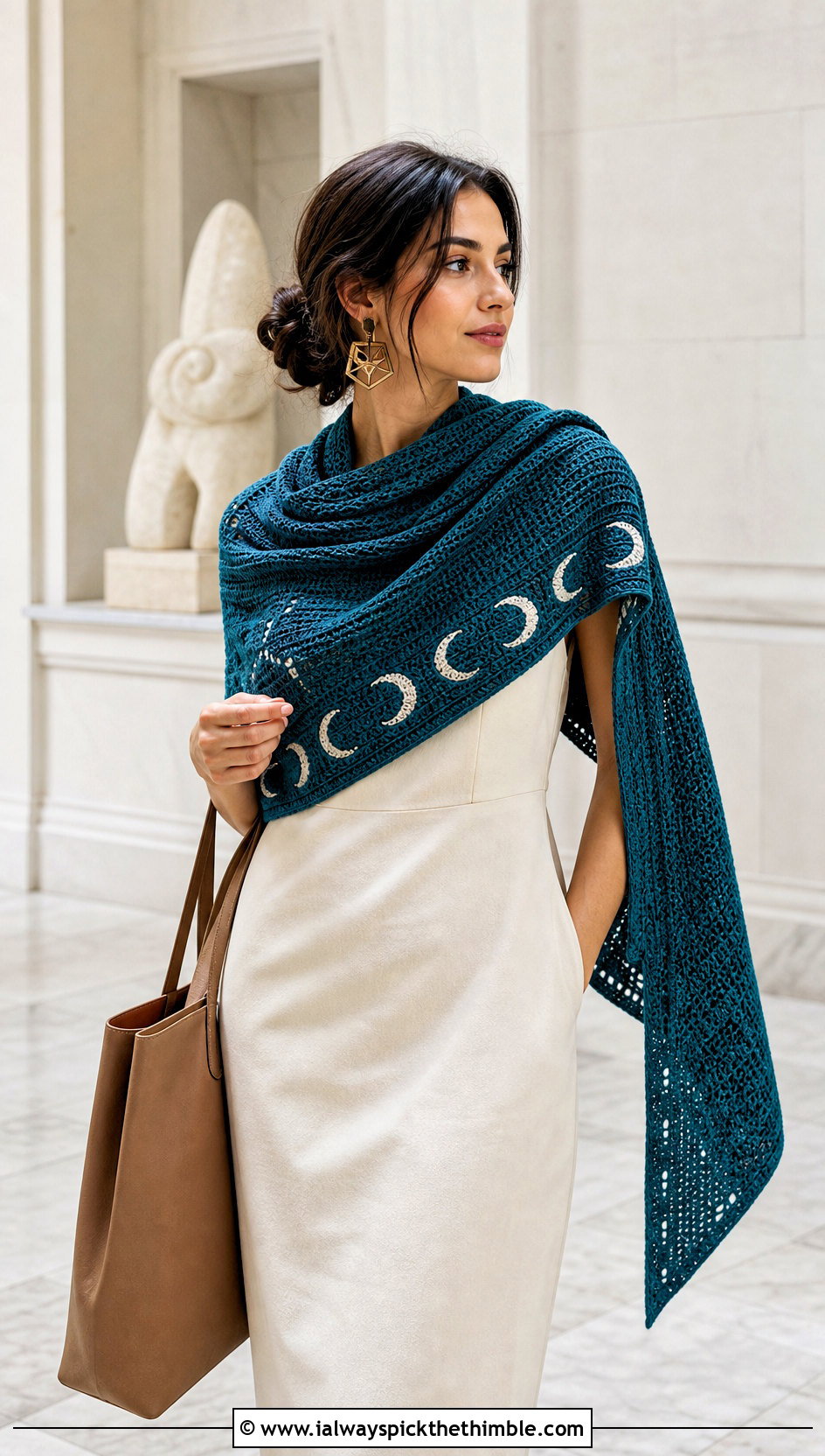 Tunisian Crescent Moon Shawl With Minimalist Separates - 15 Crochet Moon Shawl outfit ideas