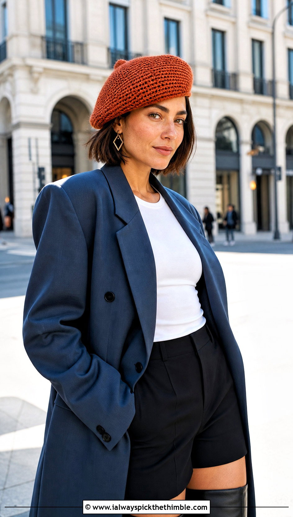 Tunisian Crochet Beret Hat With Oversized Blazer - 20 crochet beret hat outfit ideas