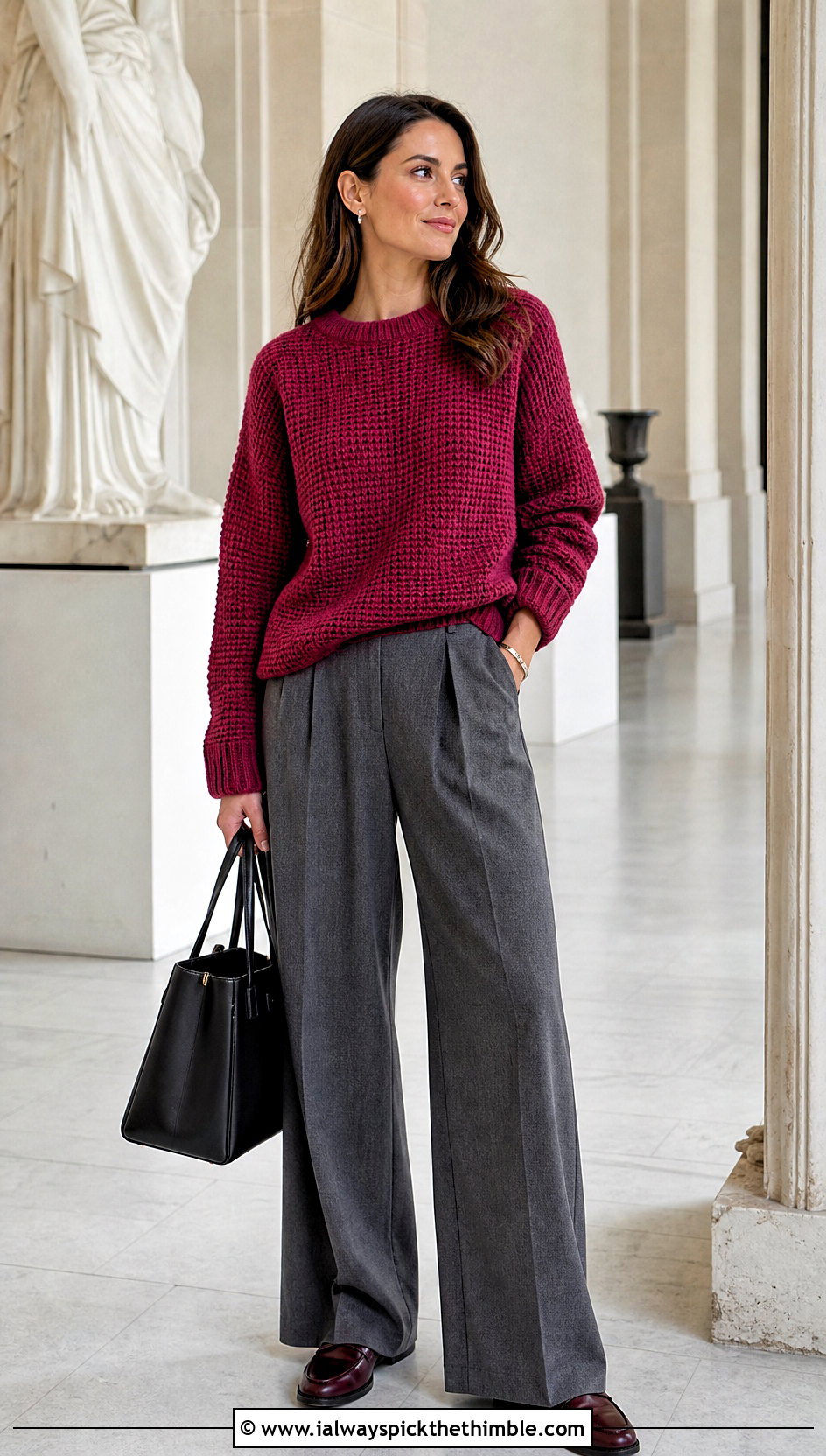 Tunisian Crochet Boyfriend Sweater With Pleated Trousers - 20 crochet boyfriend sweater outfit ideas