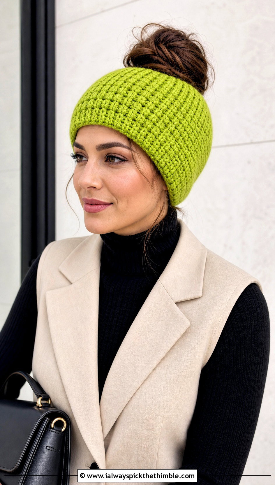 Tunisian Crochet Bun Hat With Long Vest And Straight Jeans - 25 crochet bun hat outfit ideas
