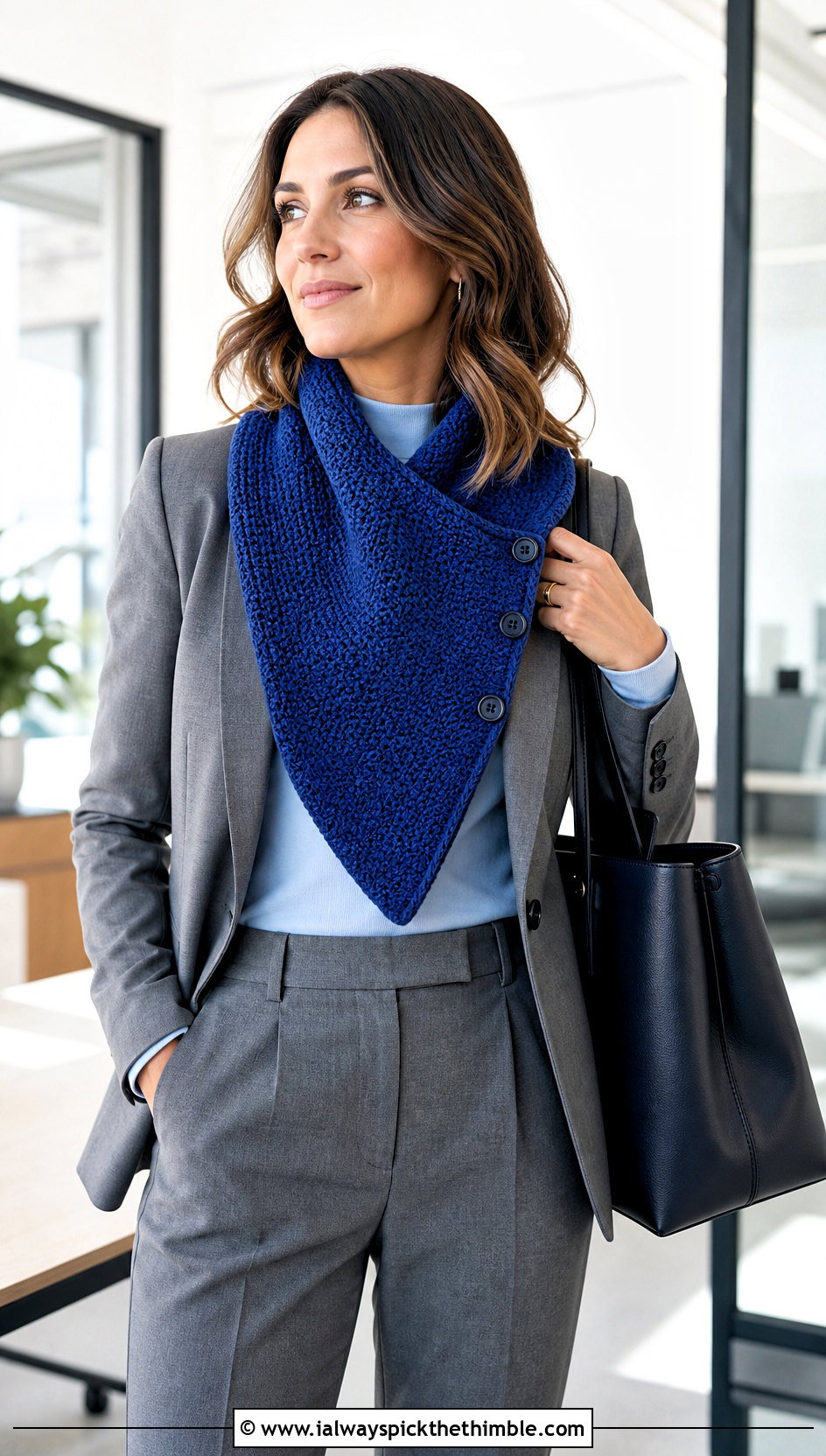 Tunisian Crochet Button Hole Scarf With Blazer - 15 Crochet Button Hole Scarf outfit ideas