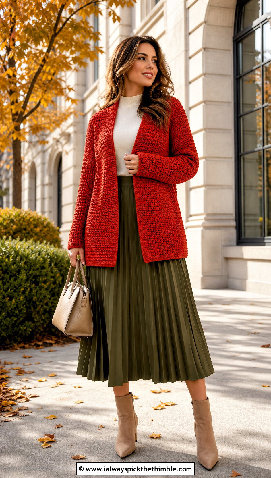 Tunisian Crochet Cardigan With Pleated Midi Skirt - 20 elegant crochet cardigan outfit ideas