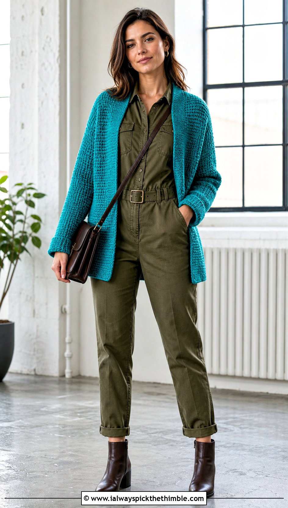 Tunisian Crochet Cardigan With Utility Jumpsuit - 25 crochet cardigans for women outfit ideas