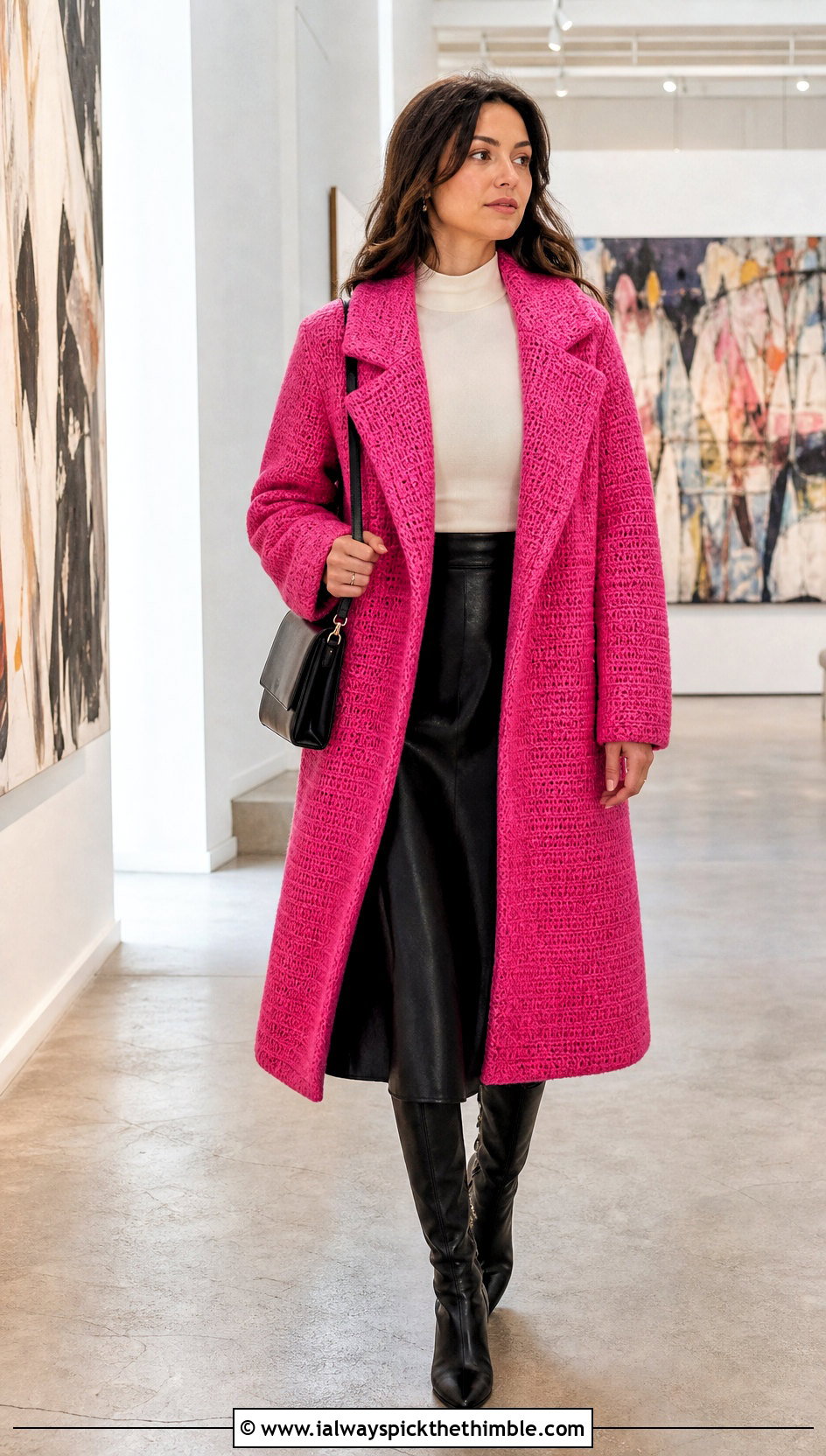 Tunisian Crochet Coat With Leather Midi Skirt - 25 crochet coats outfit ideas