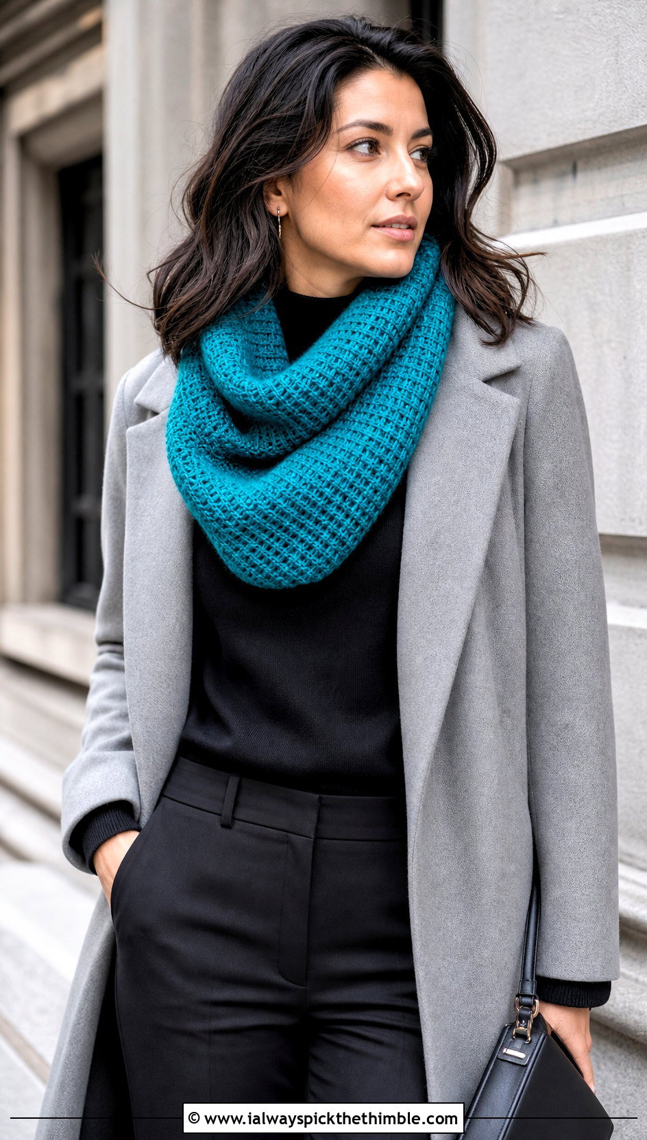Tunisian Crochet Cowl Scarf With Minimalist Coat - 25 crochet cowell scarf outfit ideas