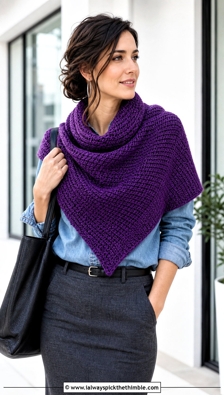 Tunisian Crochet Cowl Shawl With Denim Shirt - 20 crochet cowl shawl outfit ideas
