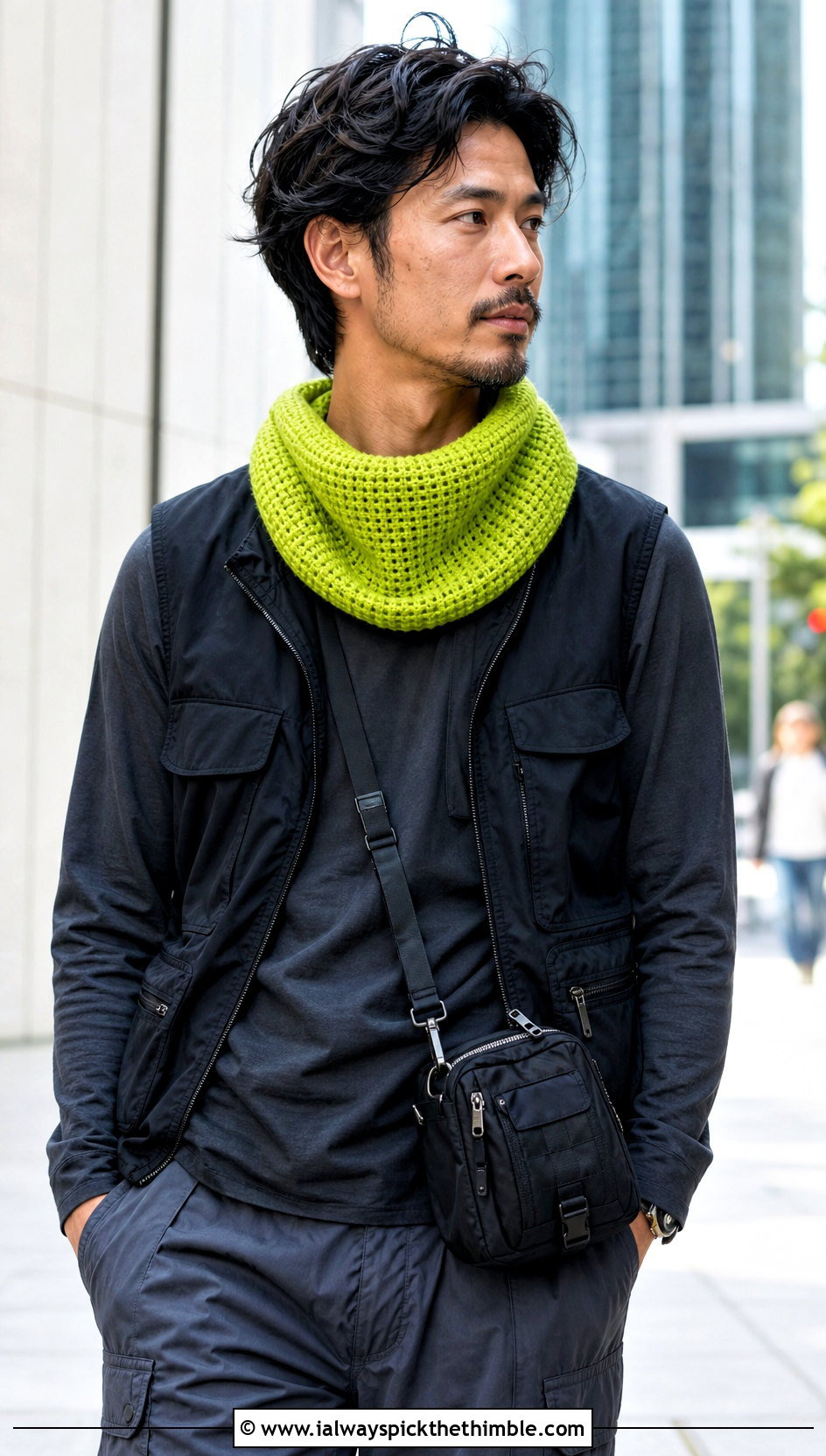 Tunisian Crochet Cowl With Utility Vest - 20 Men Crochet Cowl outfit ideas