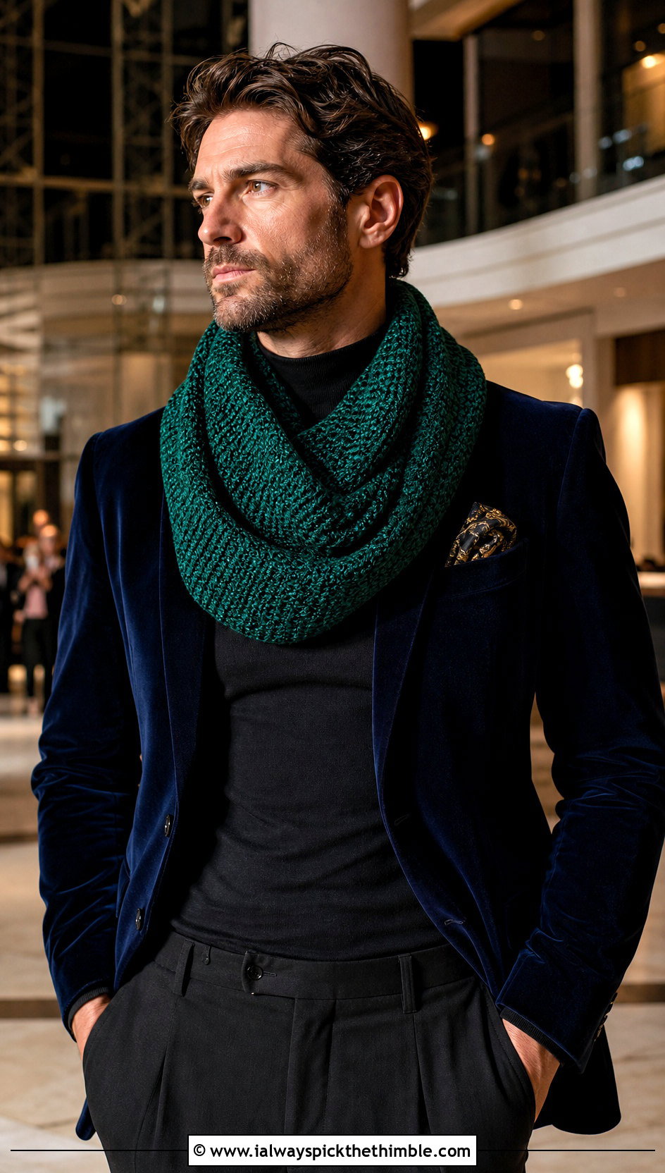 Tunisian Crochet Cowl With Velvet Jacket - 20 crochet cowl for men outfit ideas