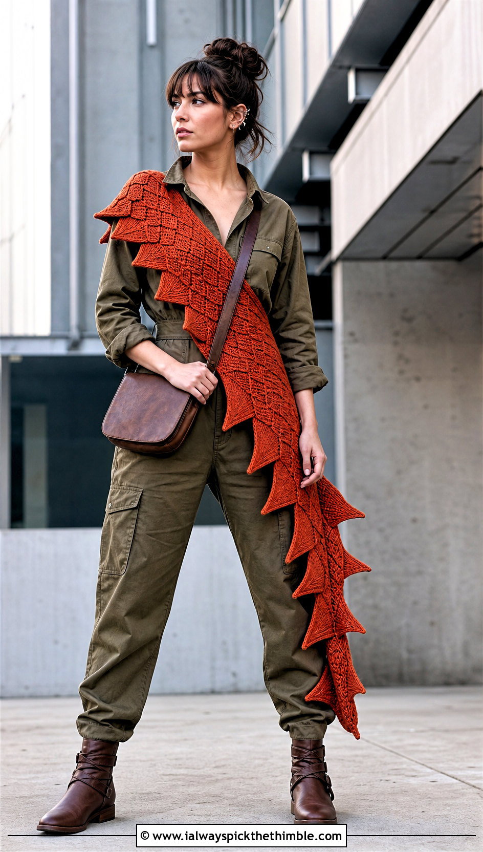 Tunisian Crochet Dragon Tail Wrap With Utility Jumpsuit - 20 Tunisian Crochet Wrap outfit ideas