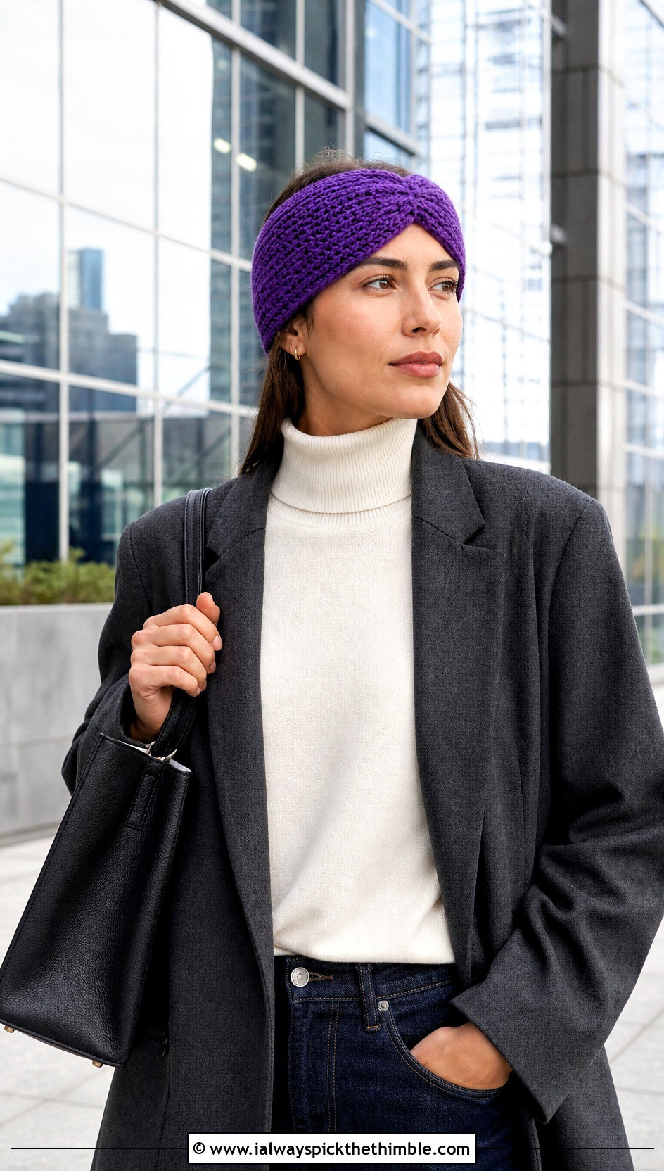 Tunisian Crochet Ear Warmer With Blazer And Jeans - 20 Quick Crochet Ear Warmer outfit ideas