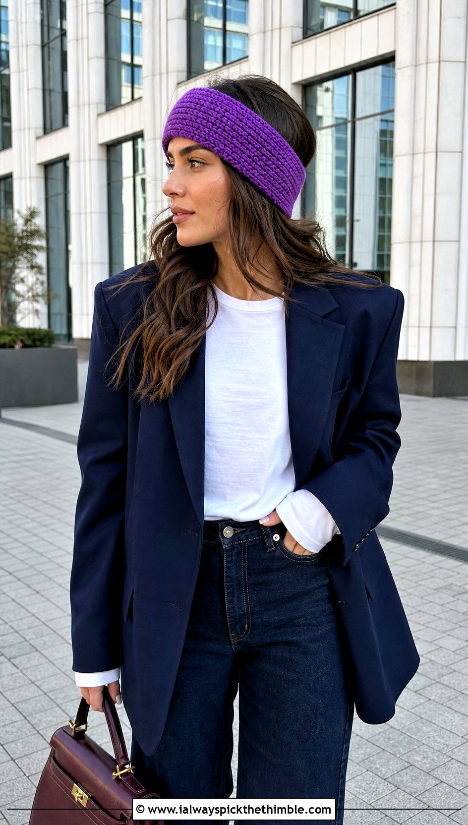 Tunisian Crochet Ear Warmer With Blazer and Straight Jeans - 20 Simple Crochet Ear Warmer outfit ideas