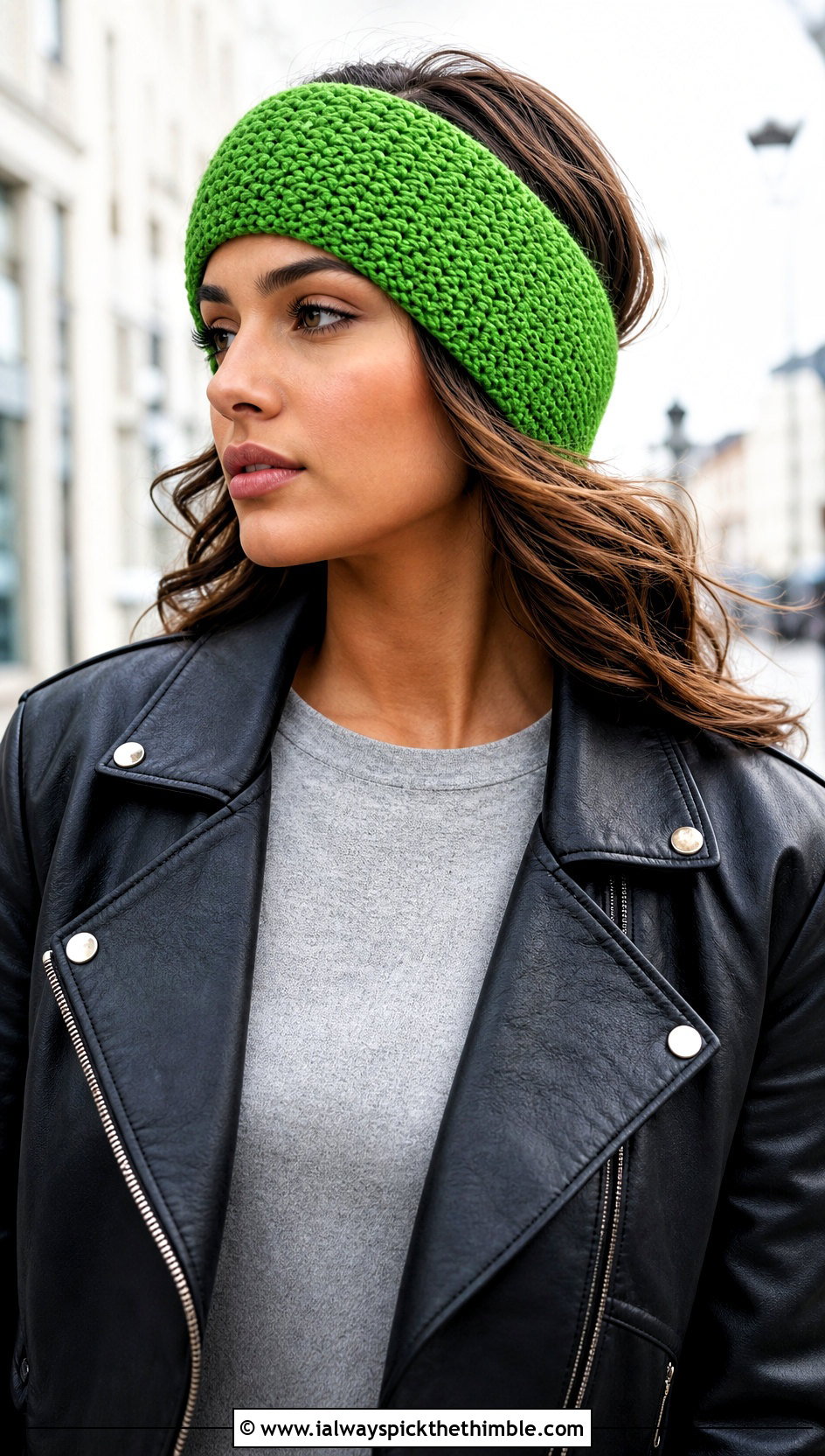 Tunisian Crochet Ear Warmer With Leather Jacket - 20 Crochet Headband Ear Warmer outfit ideas