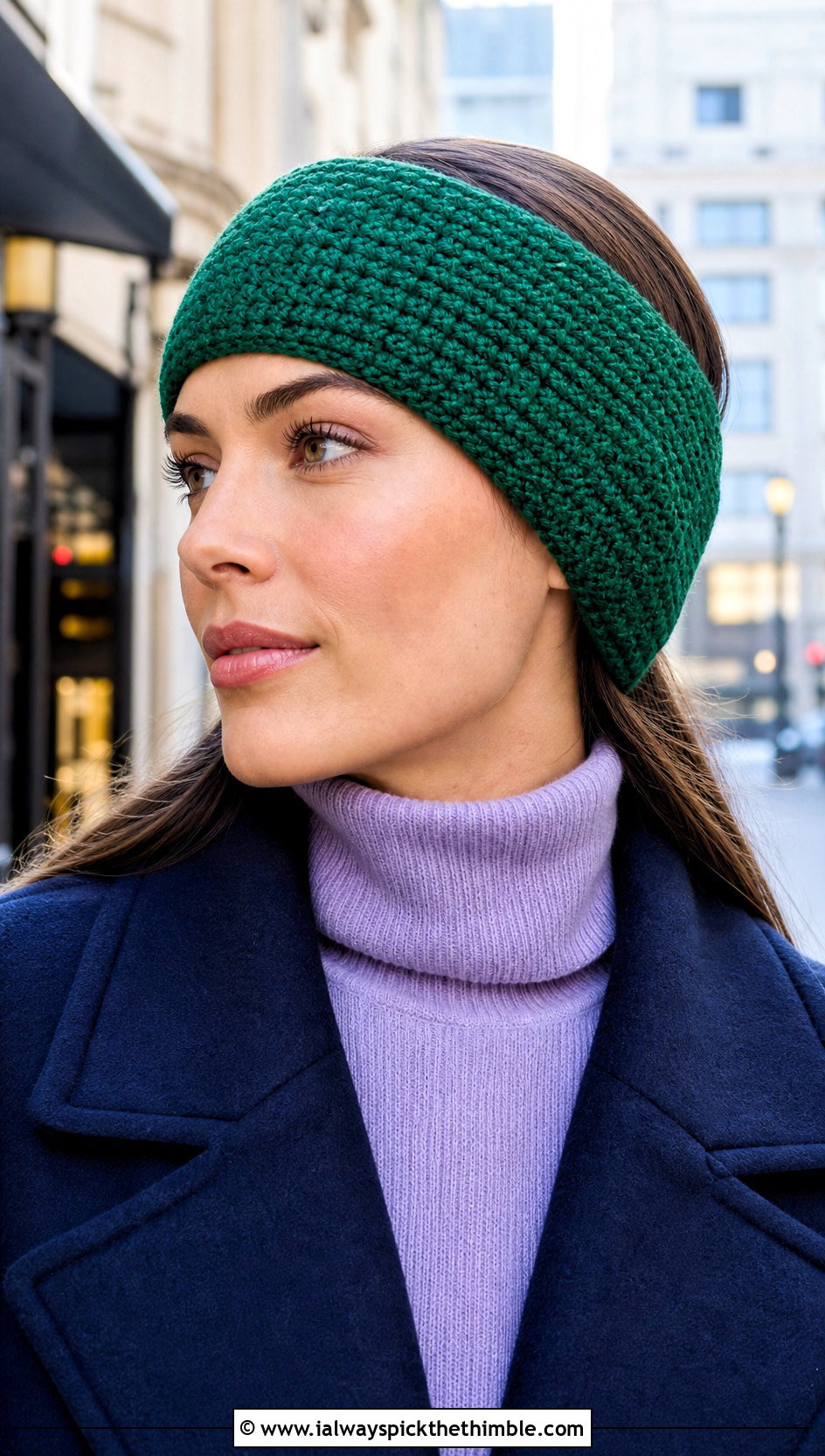 Tunisian Crochet Ear Warmer With Long Wool Coat - 20 crochet fall headband outfit ideas