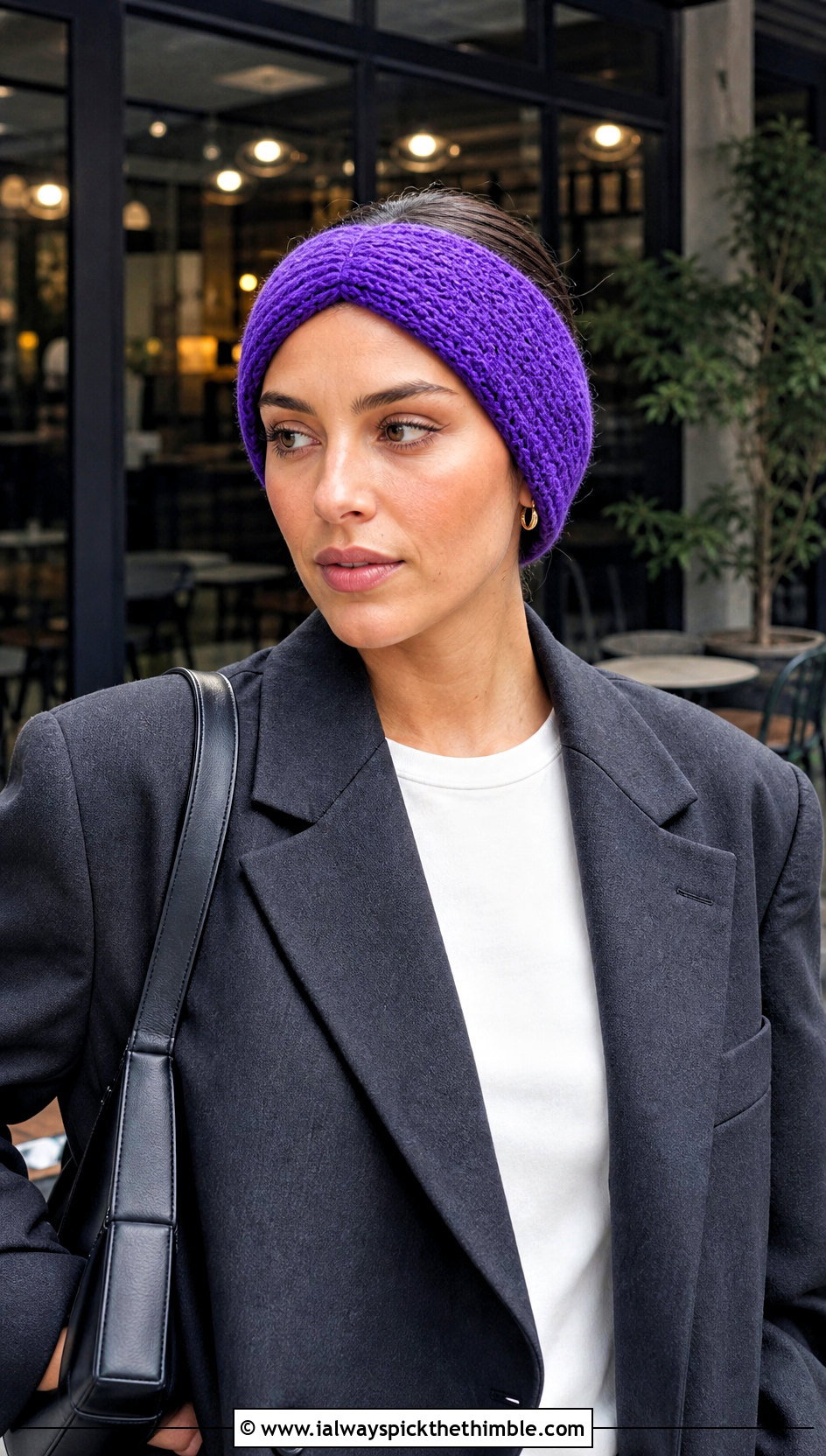 Tunisian Crochet Ear Wrap With Blazer And Jeans - 20 crochet ear wrap outfit ideas