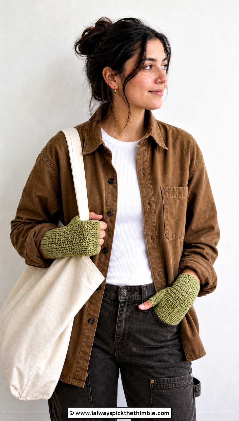 Tunisian Crochet Fingerless Gloves With Overshirt And Carpenter Jeans - 20 Crochet For Fingerless Gloves outfit ideas