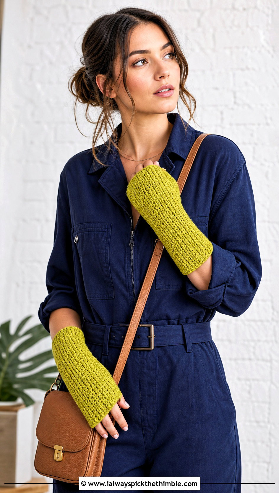 Tunisian Crochet Fingerless Gloves With Utility Jumpsuit - 20 finger less crochet gloves outfit ideas