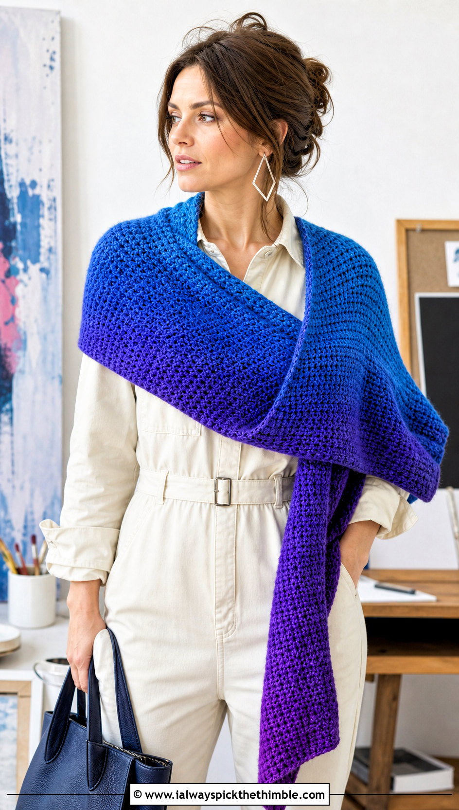 Tunisian Crochet Gradient Shawl With Utility Jumpsuit - 15 Crochet Gradient Shawl outfit ideas