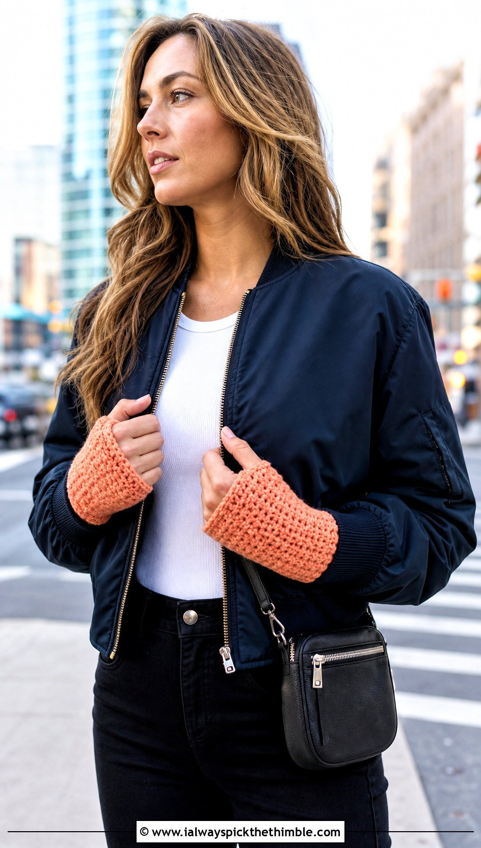 Tunisian Crochet Hand Warmers With Bomber Jacket - 20 crochet hand mittens outfit ideas