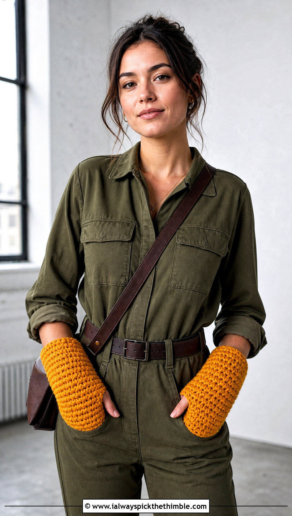 Tunisian Crochet Hand Warmers With Utility Jumpsuit - 25 crochet hand warmers outfit ideas