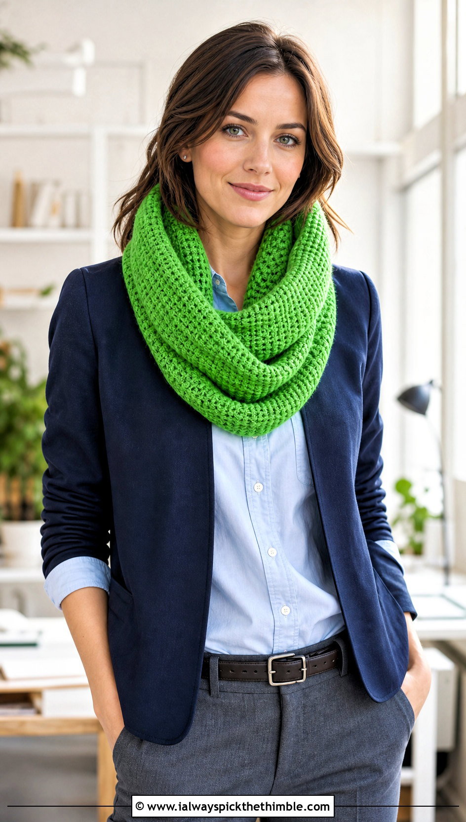 Tunisian Crochet Infinity Scarf With Button Down Shirt - 20 easy crochet infinity scarf outfit ideas