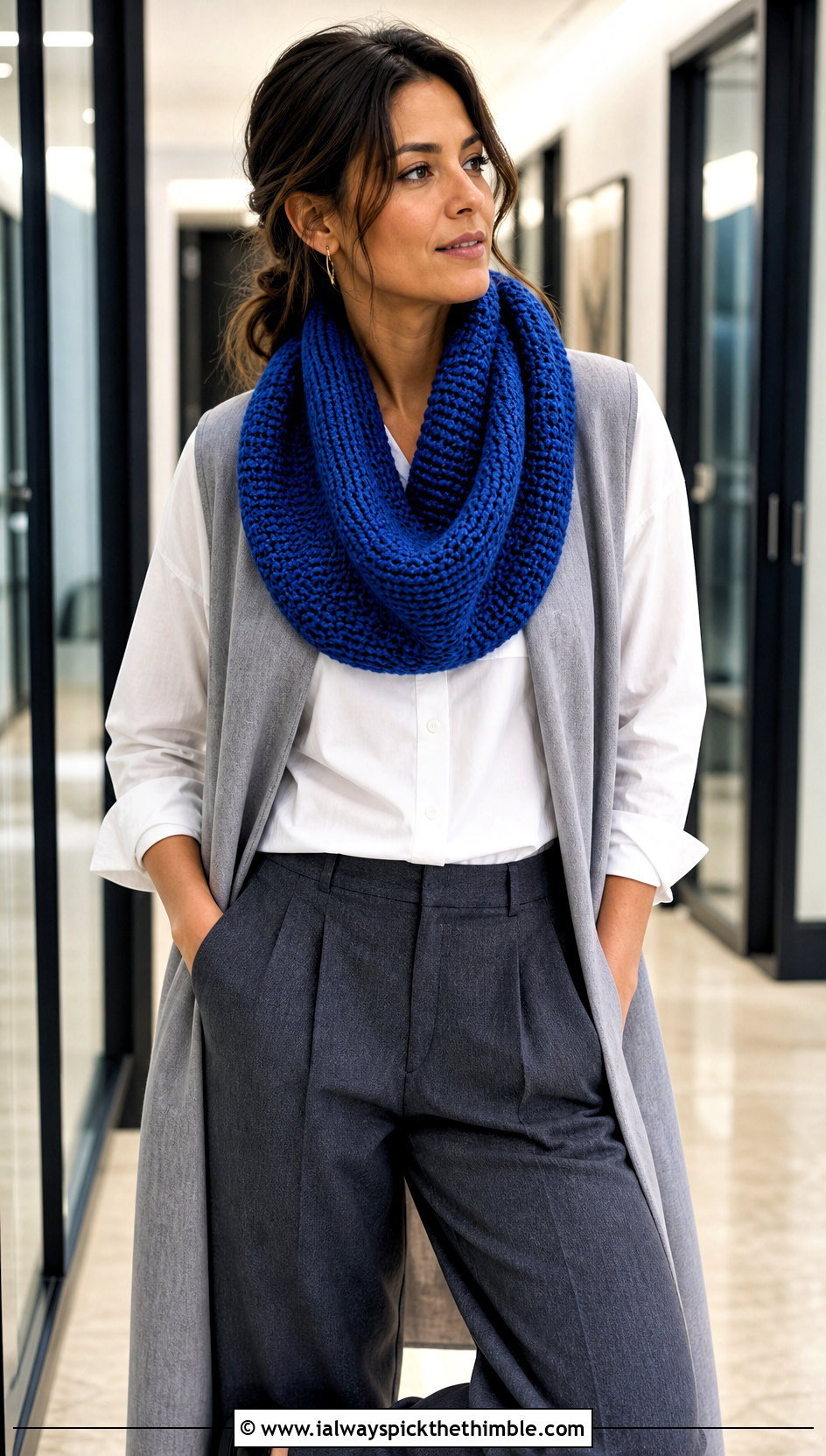 Tunisian Crochet Infinity Scarf With Button Down Shirt - 20 crochet infinity scarves outfit ideas