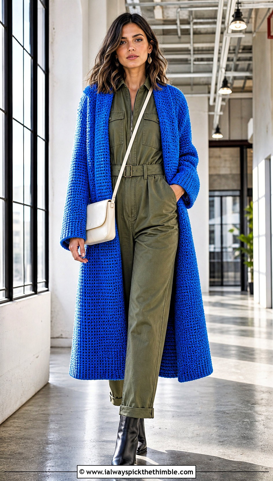 Tunisian Crochet Long Coat With Utility Jumpsuit - 25 crochet long jacket outfit ideas