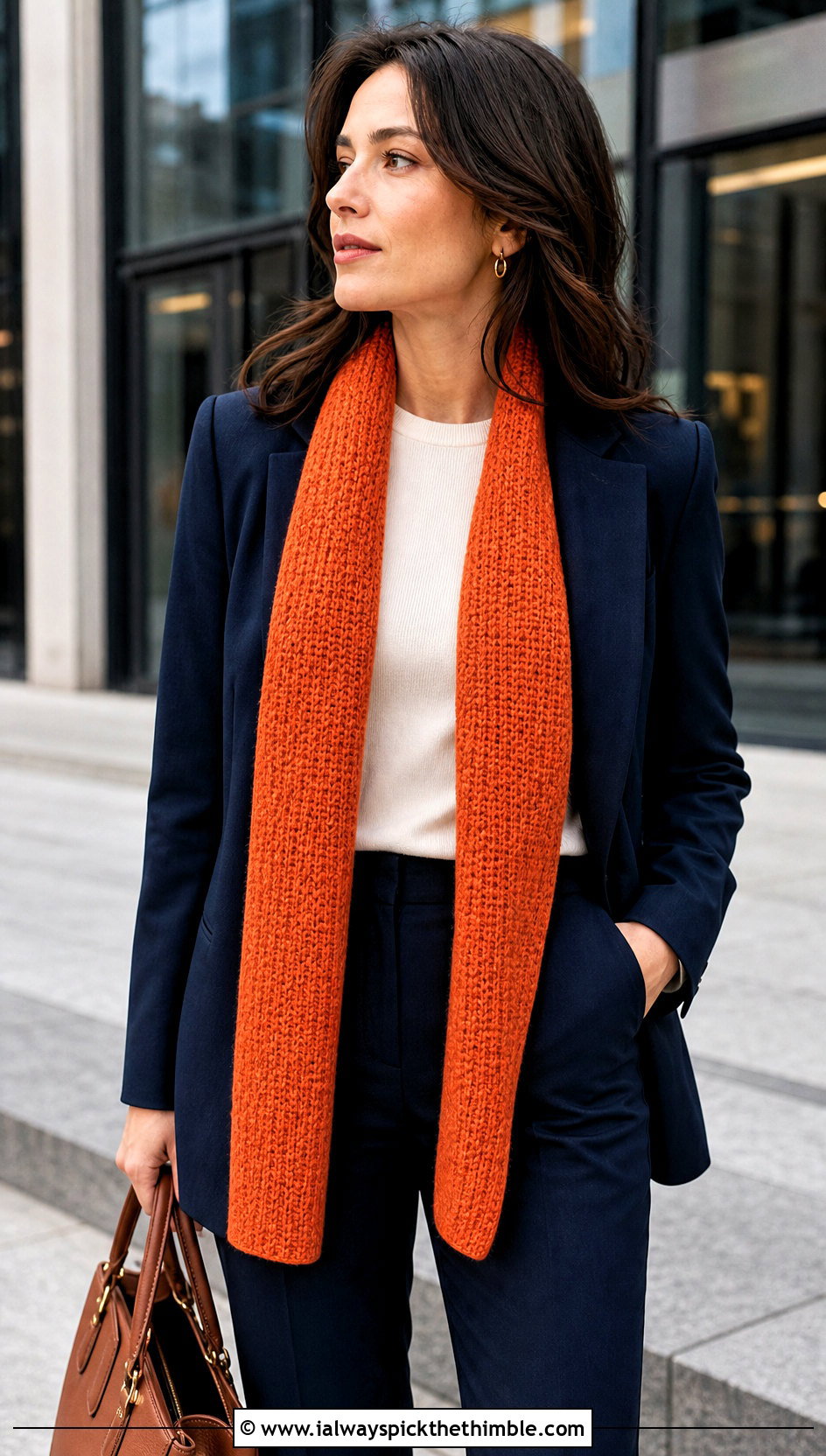 Tunisian Crochet Long Scarf With Blazer And Trousers - 20 Crochet Long Scarf outfit ideas