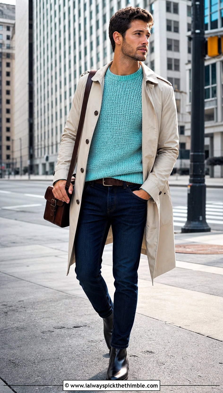 Tunisian Crochet Mens Pullover With Trench Coat And Dark Denim - 15 crochet mens pullover outfit ideas