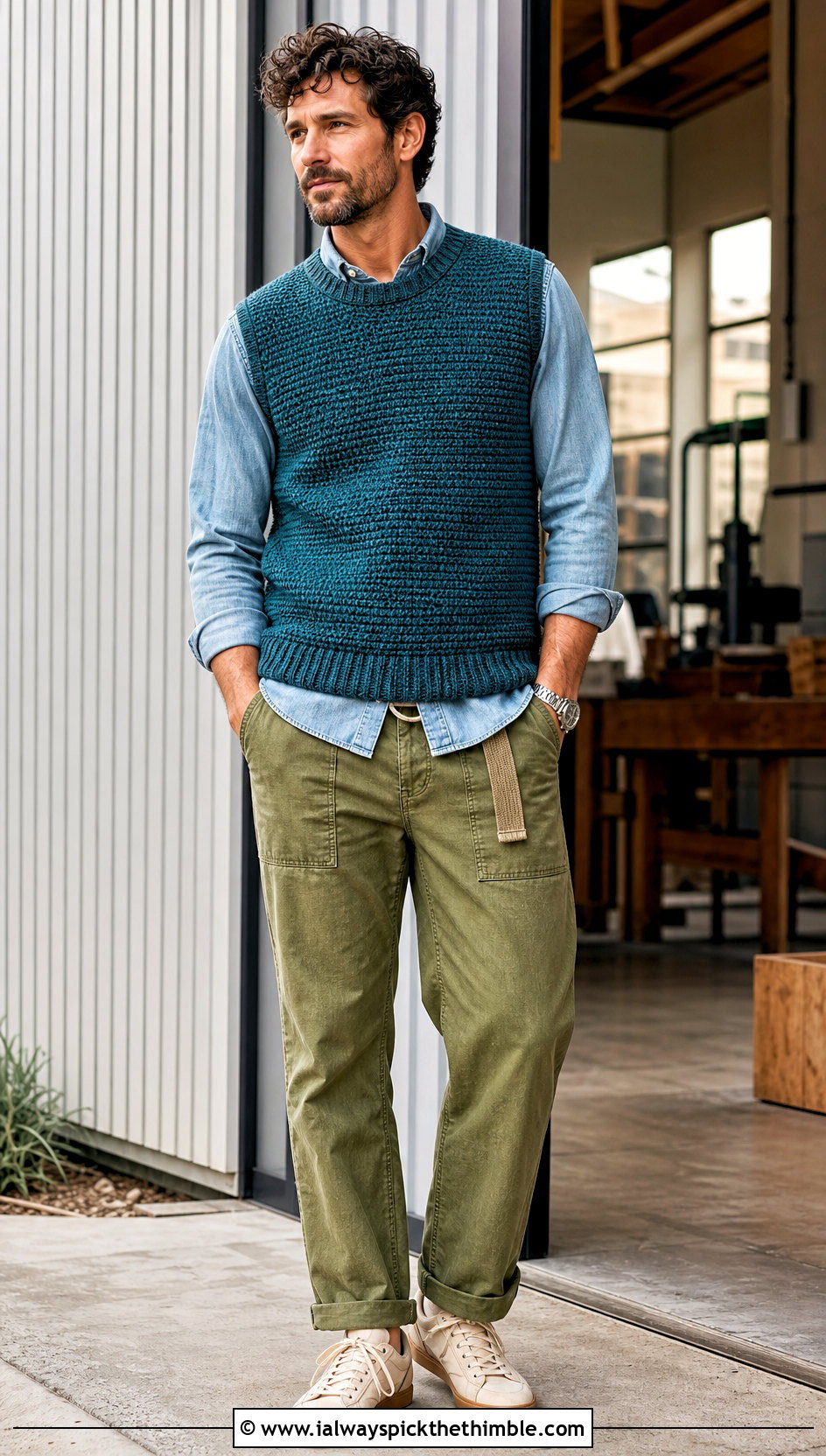 Tunisian Crochet Mens Sweater Vest With Denim Shirt And Fatigue Pants - 20 crochet mens sweater vest outfit ideas
