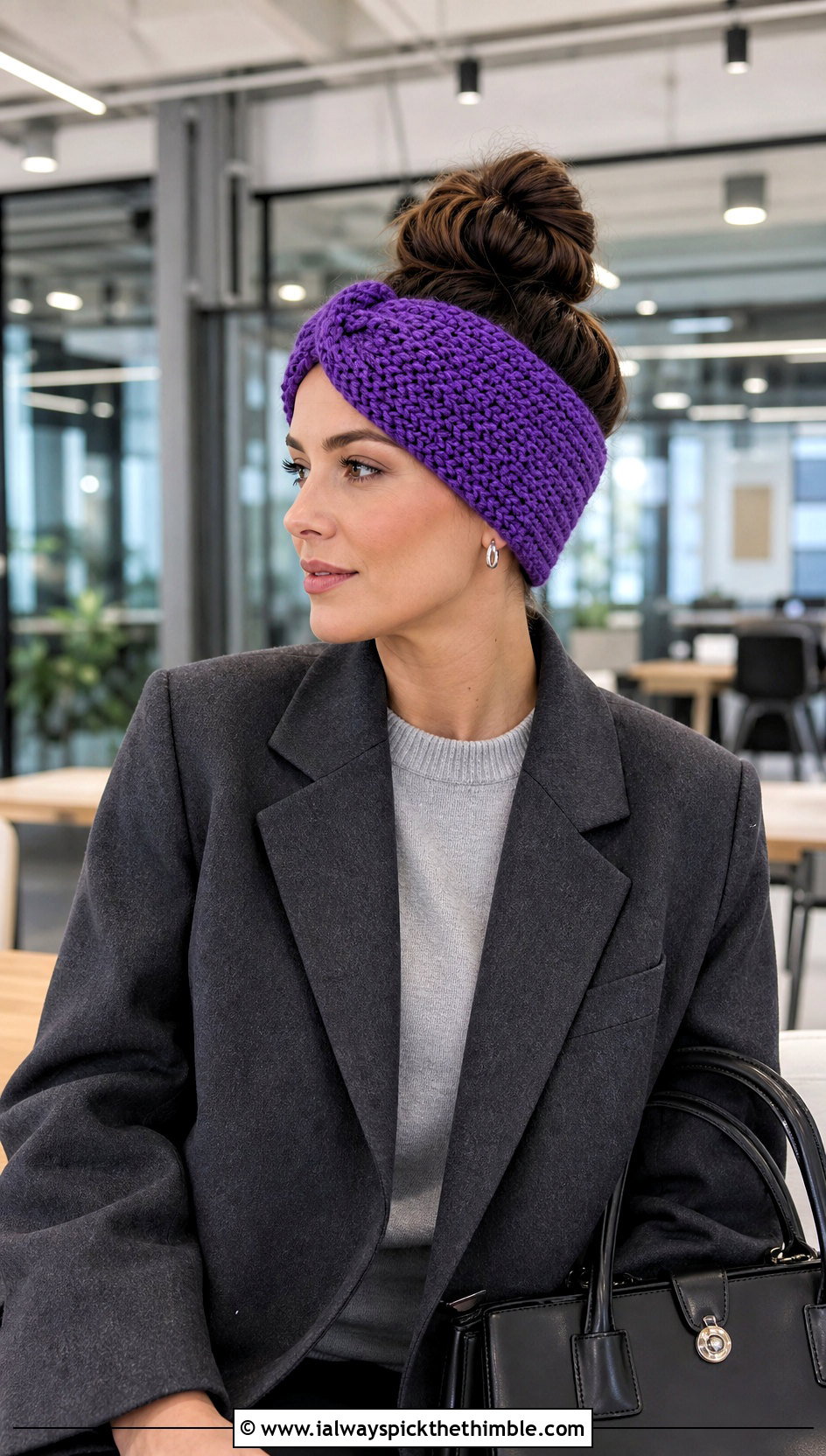 Tunisian Crochet Messy Bun Ear Warmer With Blazer - 20 Crochet Messy Bun Ear Warmer outfit ideas