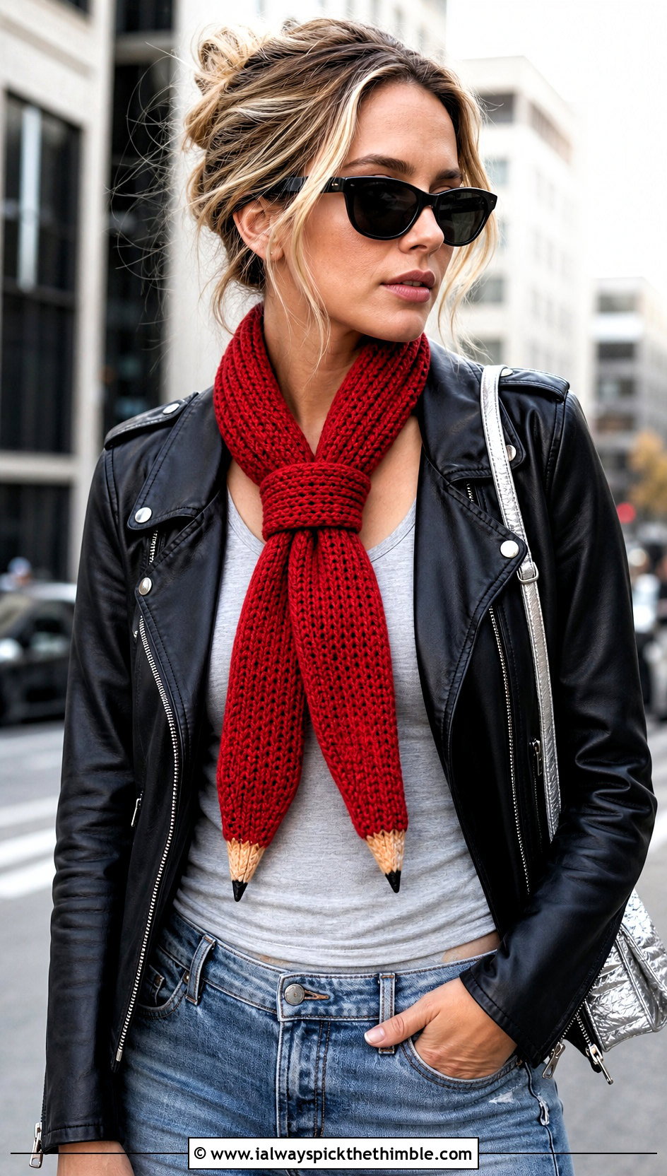 Tunisian Crochet Pencil Scarf With Leather Jacket - 20 Crochet Pencil Scarf outfit ideas