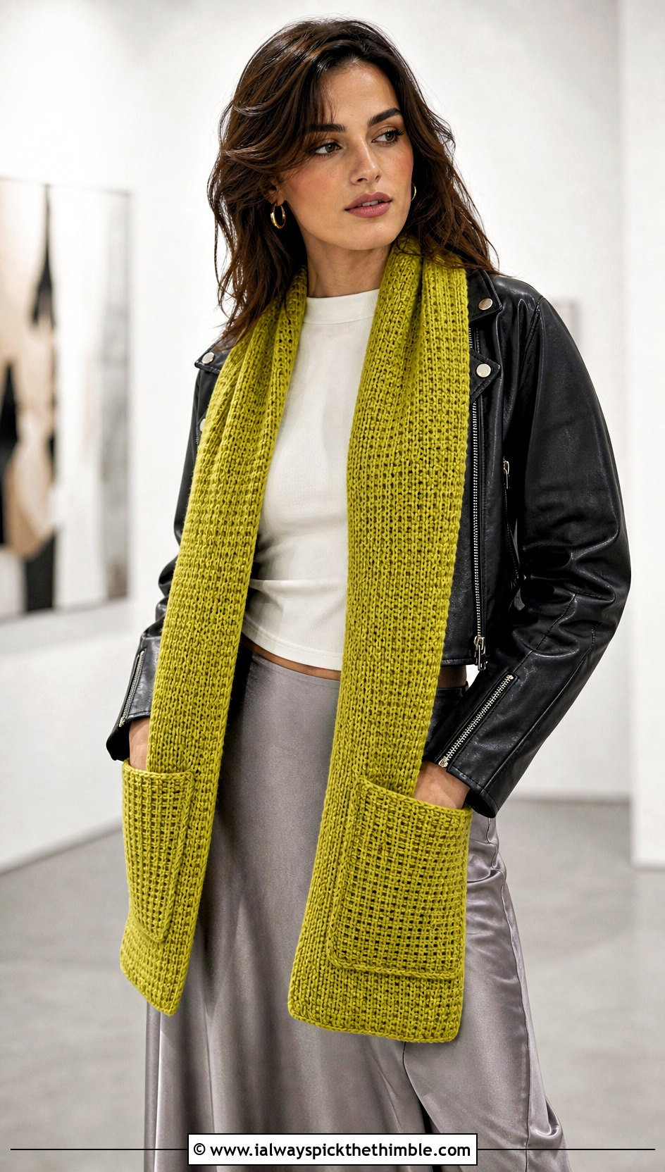 Tunisian Crochet Pocket Scarf With Leather Jacket - 15 Crochet Scarf With Hand Pockets outfit ideas
