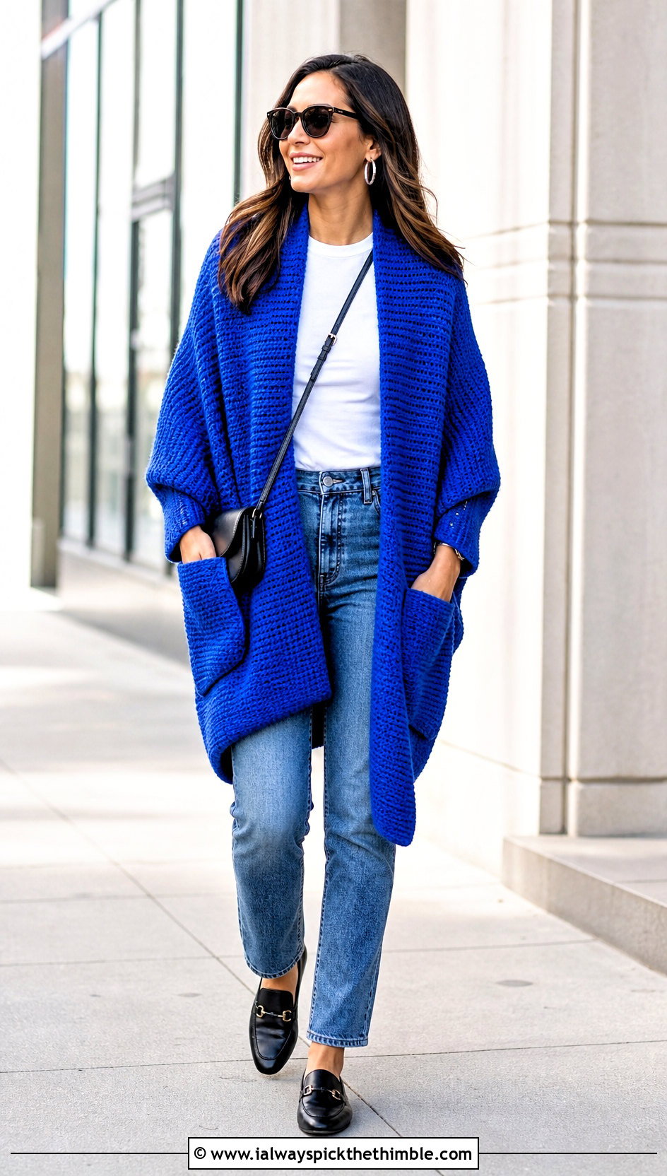 Tunisian Crochet Pocket Shawl With Straight Leg Jeans - 20 Easy Crochet Shawl With Pockets outfit ideas