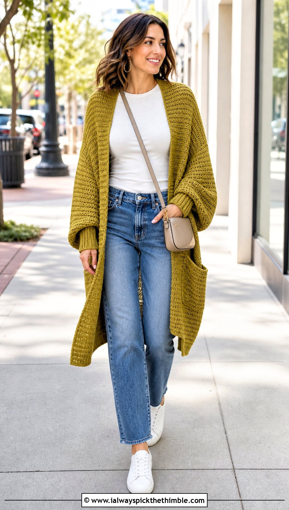 Tunisian Crochet Pocket Shawl With Straight Leg Jeans - 25 crochet pocket shawl outfit ideas