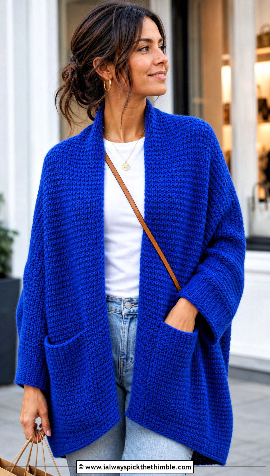 Tunisian Crochet Pocket Shawl With Straight Leg Jeans - 20 Crochet Pocket Scarf Shawl outfit ideas