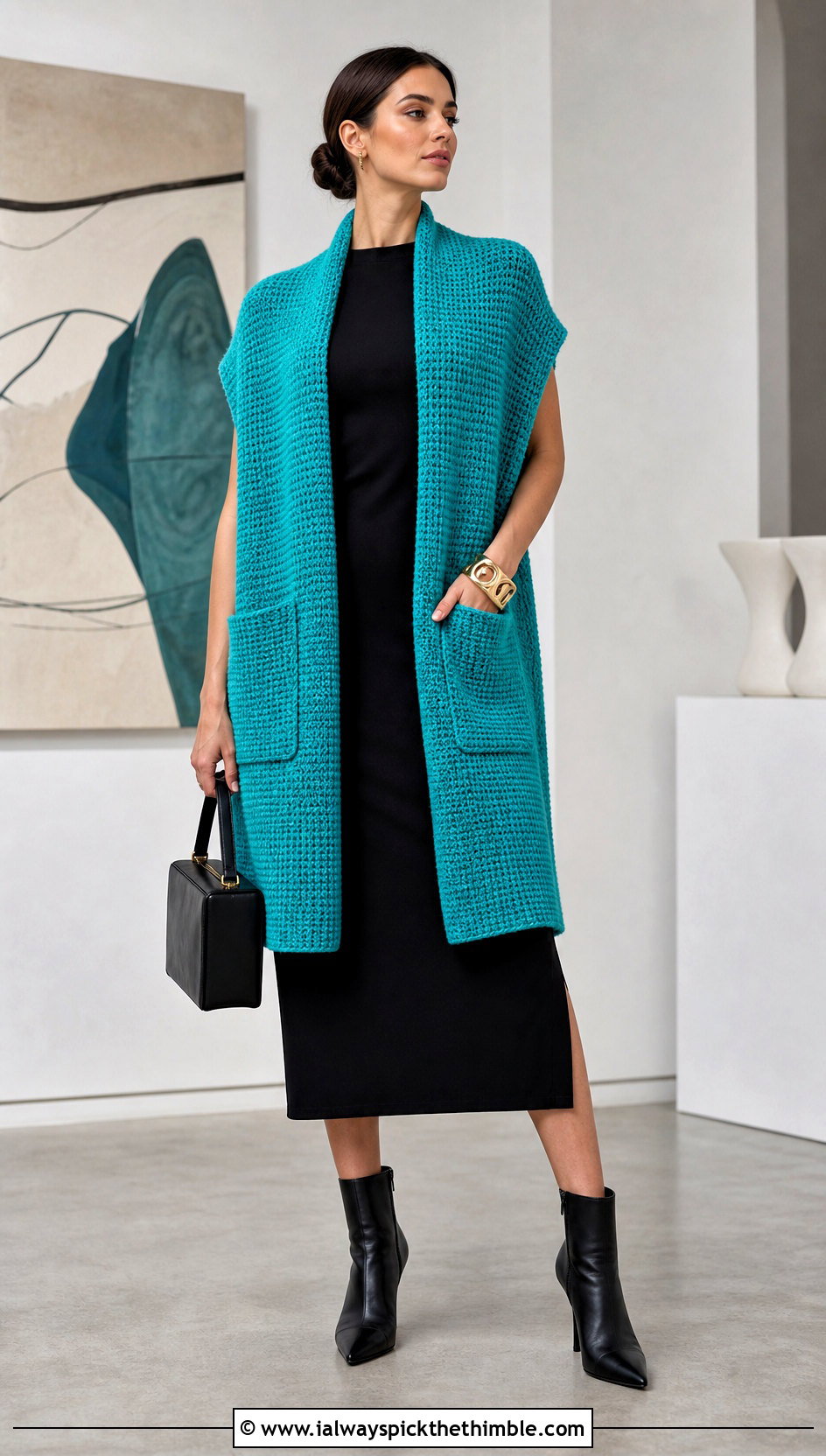 Tunisian Crochet Pocket Wrap With Column Midi Dress - 20 Crochet Pocket Wrap outfit ideas