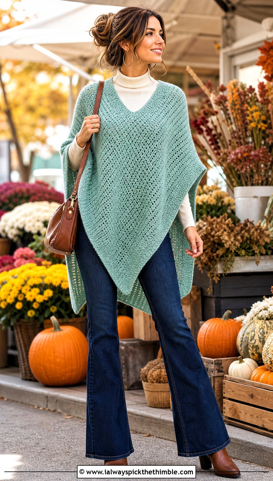 Tunisian Crochet Poncho With Flared Jeans - 20 Tunisian Crochet Clothing and outfit ideas