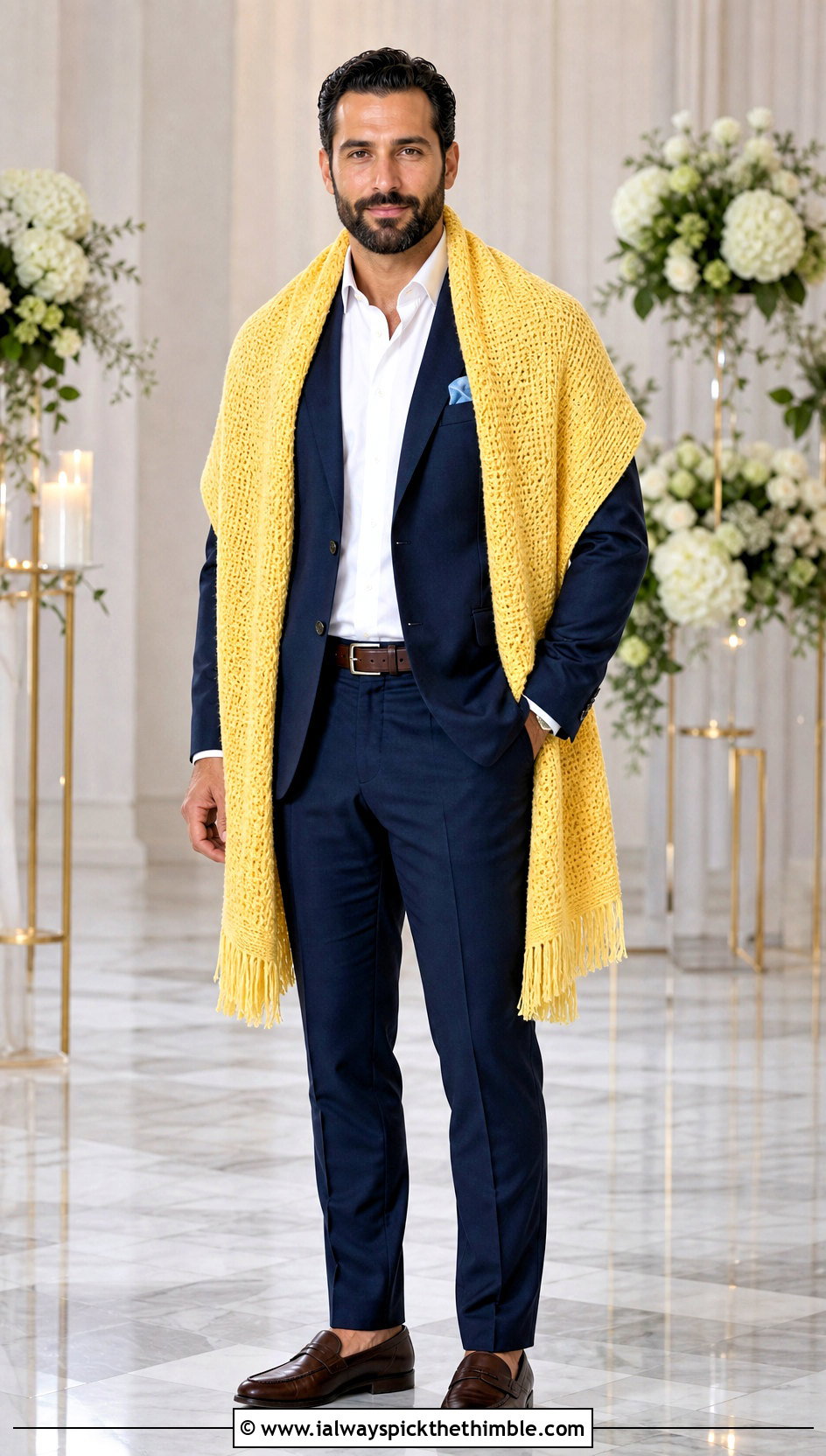 Tunisian Crochet Prayer Shawl With A Navy Suit - 20 Mens Crochet Prayer Shawl outfit ideas