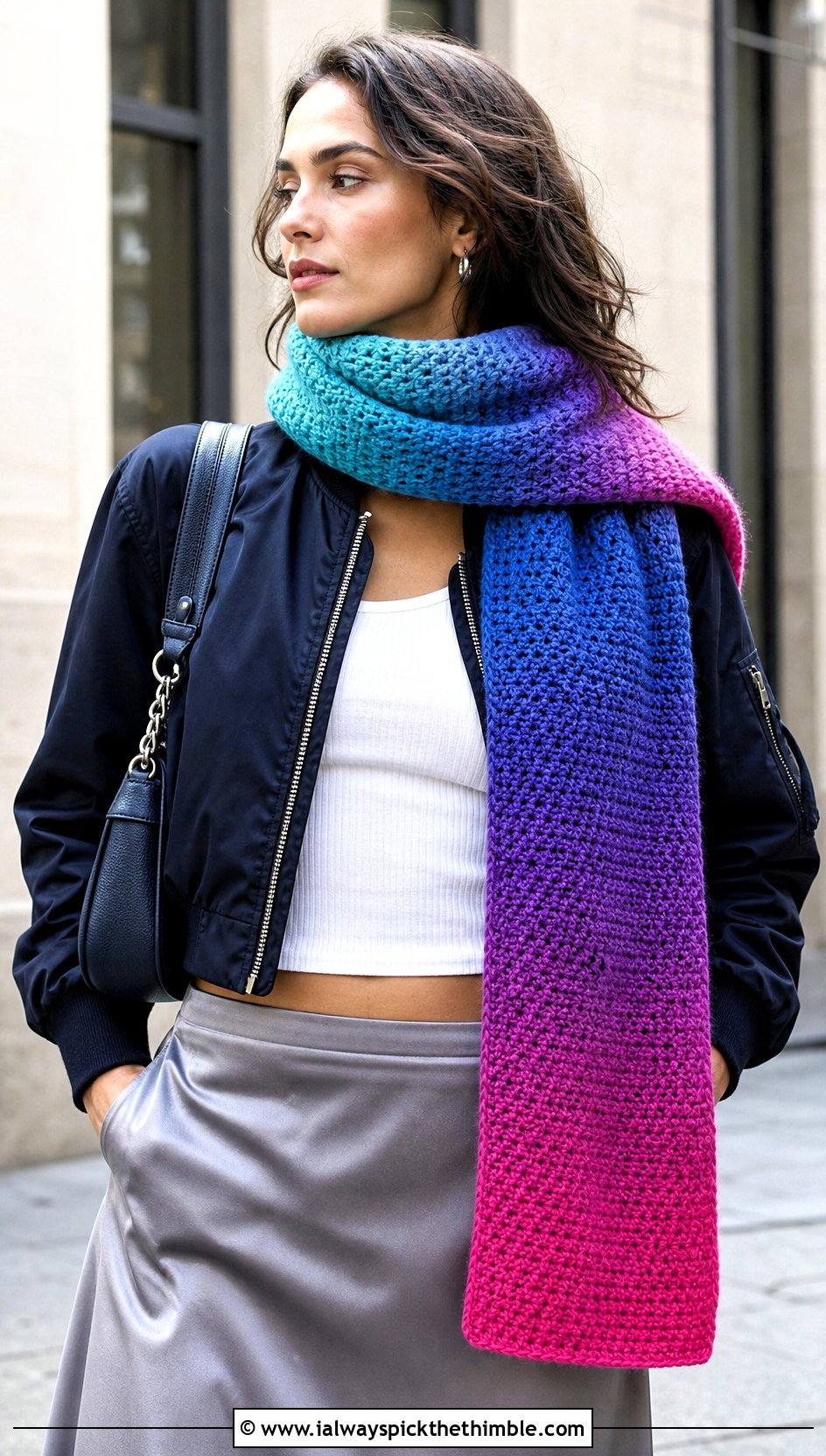 Tunisian Crochet Rainbow Scarf With Bomber Jacket And Maxi Skirt - 15 Crochet Rainbow Scarf outfit ideas