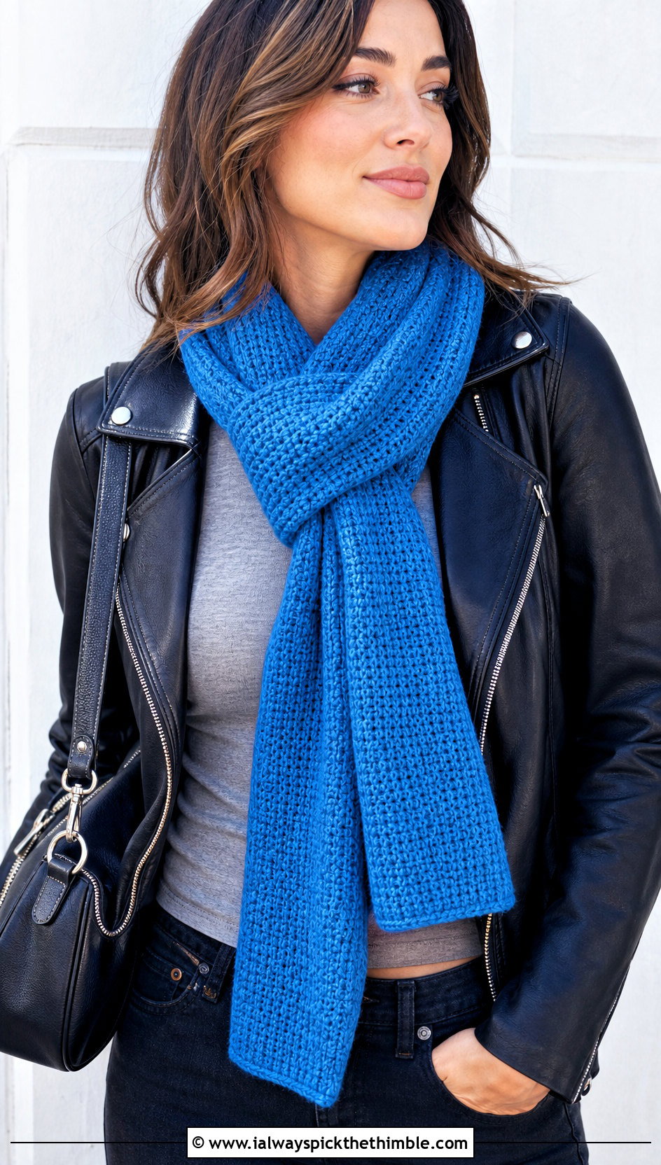 Tunisian Crochet Sally Scarf With Leather Jacket And Dark Jeans - 20 Crochet Sally Scarf outfit ideas