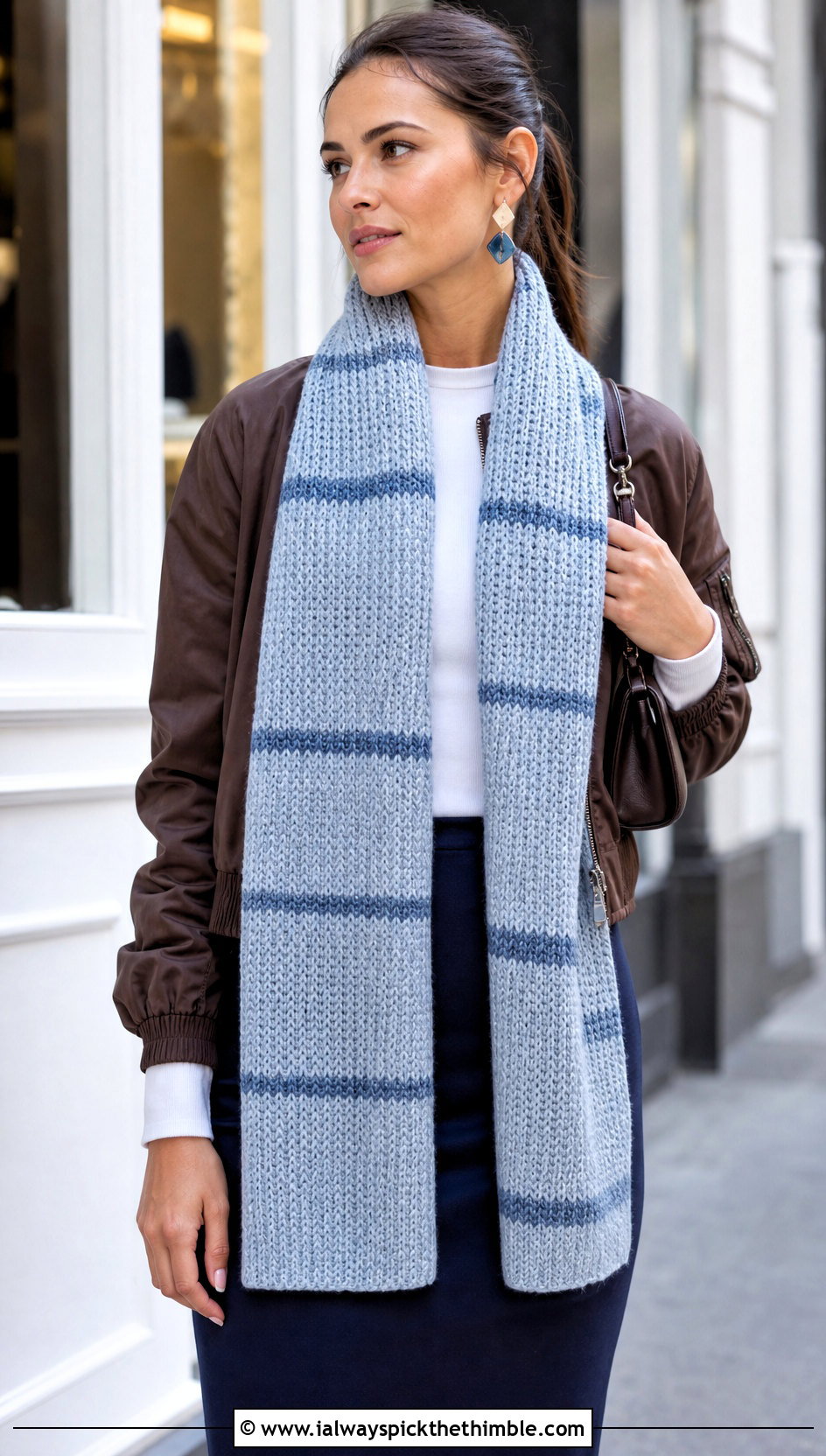 Tunisian Crochet Scarf With Bomber Jacket And Column Skirt - 15 elegant crochet scarf design outfit ideas