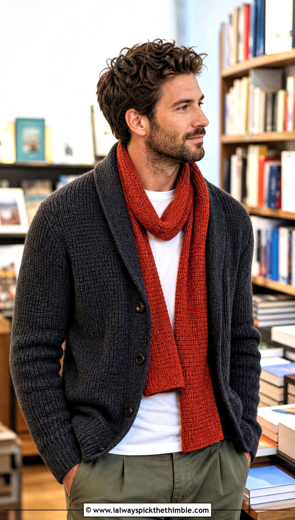Tunisian Crochet Scarf With Cardigan And Chinos - 20 men's crocheted scarf outfit ideas
