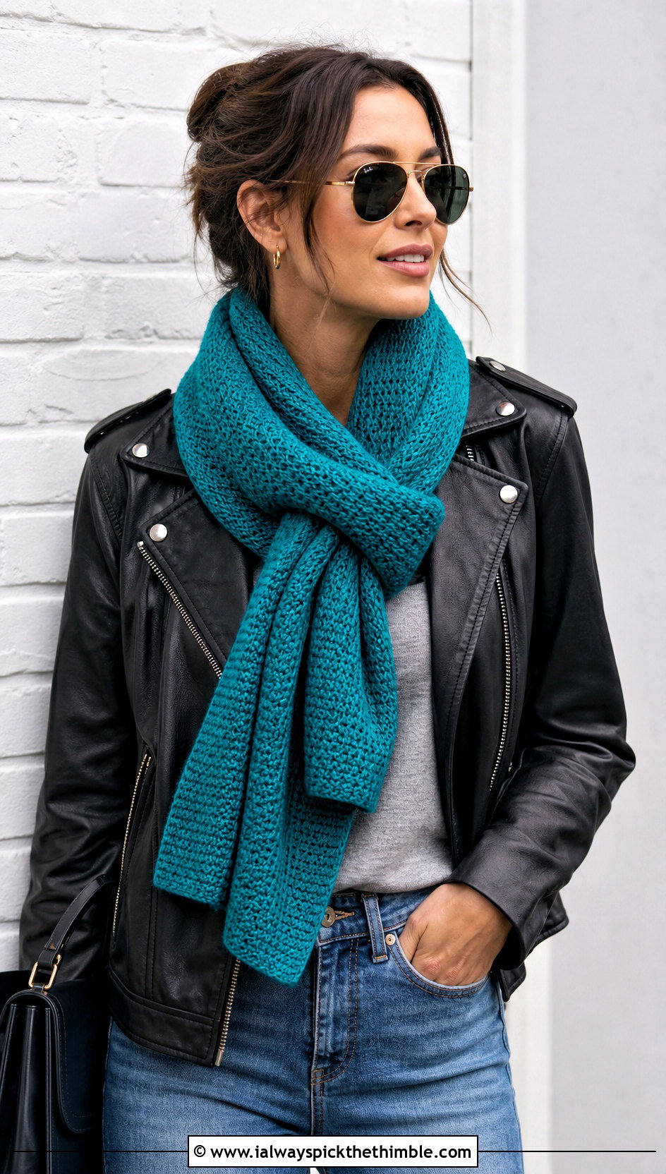 Tunisian Crochet Scarf With Leather Jacket - 25 easy one skein crochet scarf outfit ideas