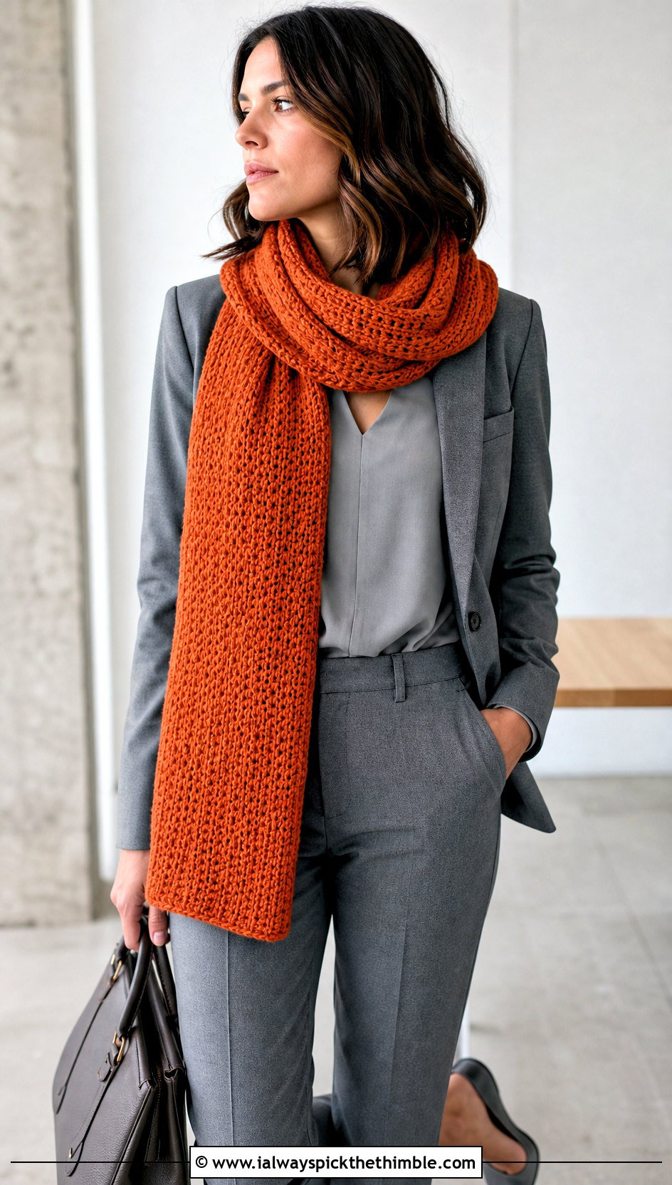 Tunisian Crochet Scarf With Monochrome Suit - 20 autumn crochet scarf outfit ideas
