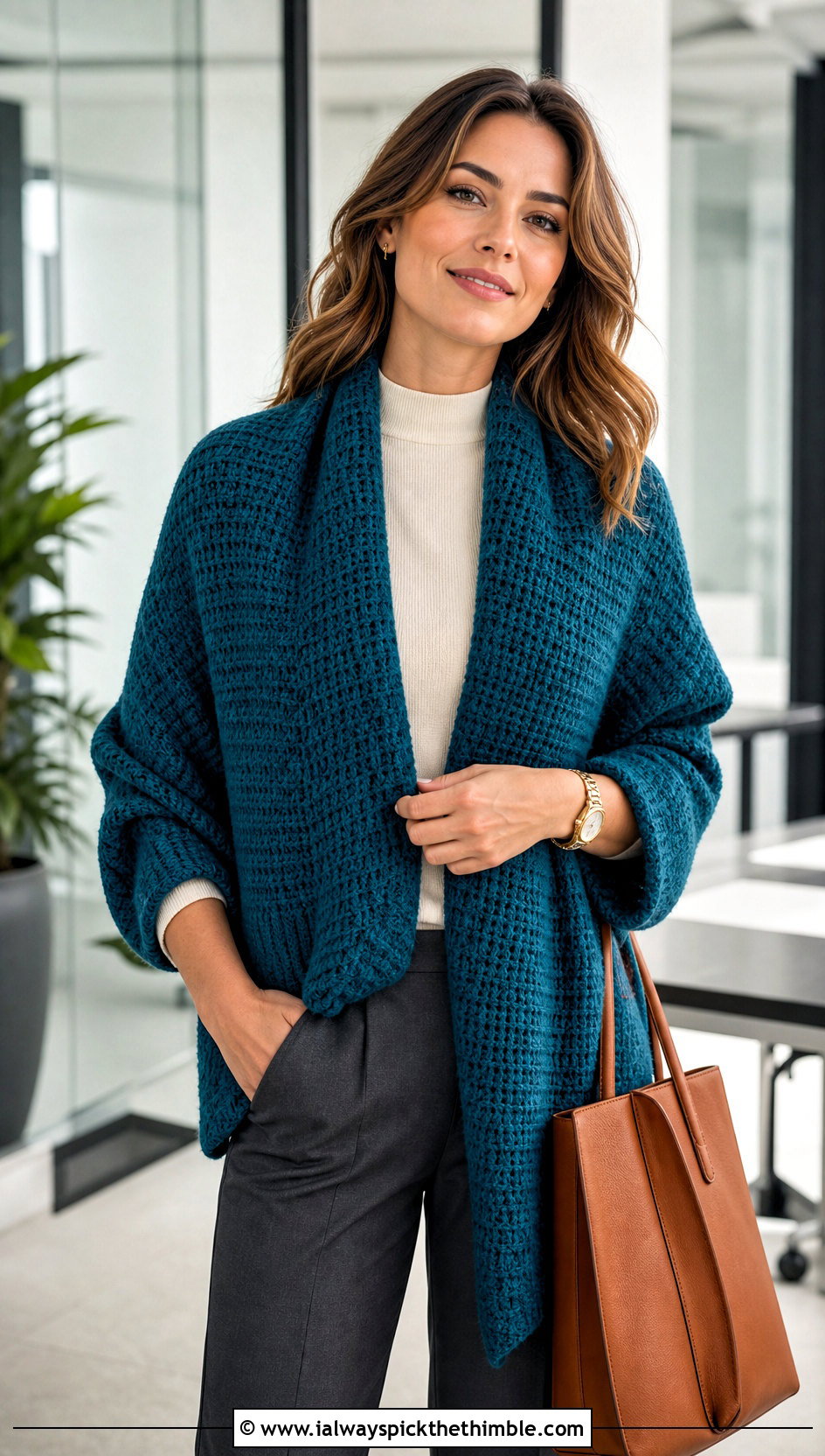Tunisian Crochet Scarf With Sleeves And Tailored Trousers - 25 crochet scarf with sleeves outfit ideas
