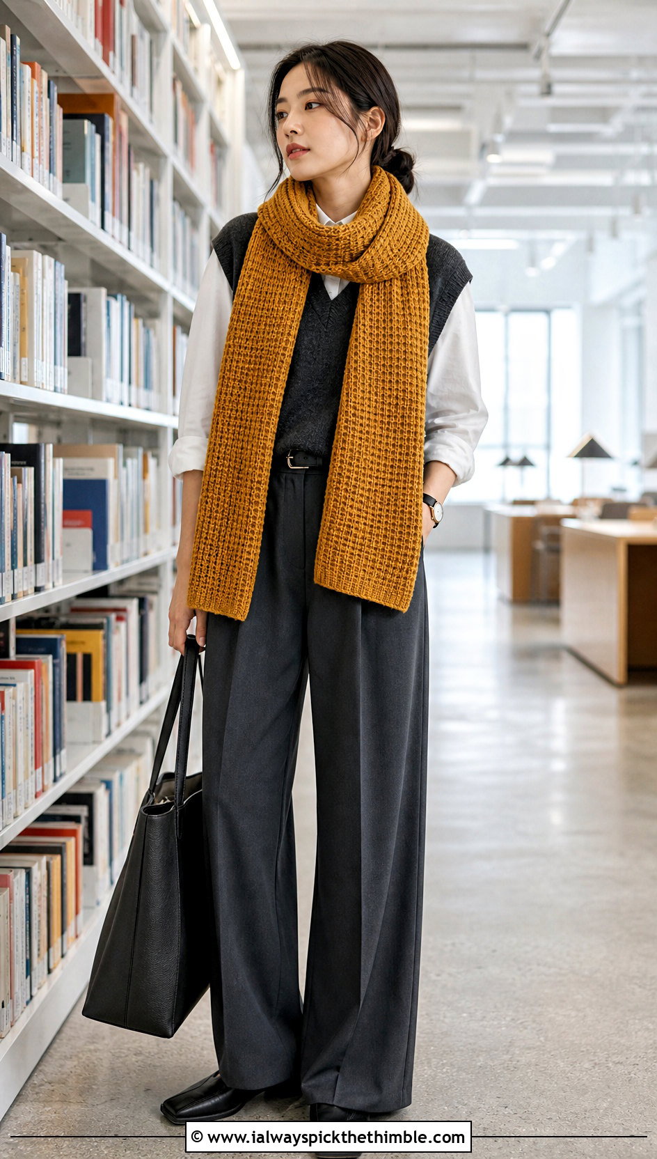 Tunisian Crochet Scarf With Sweater Vest And Trousers - 20 super crochet scarf outfit ideas