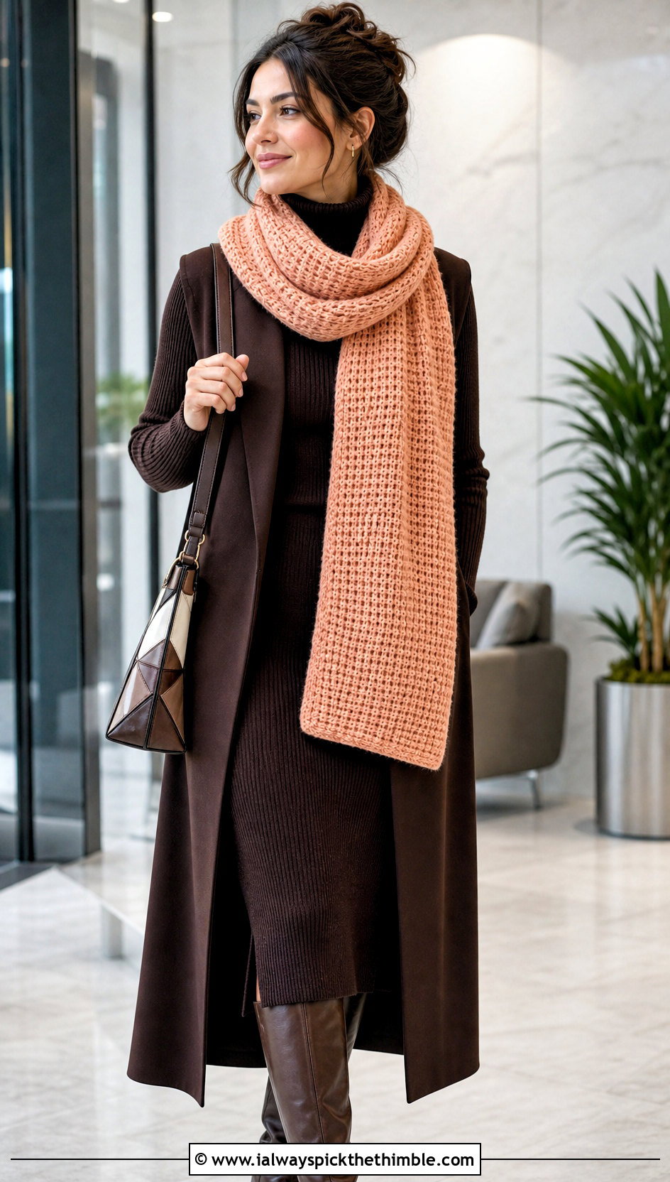 Tunisian Crochet Scarf With Turtleneck and Knit Midi Dress - 25 fall crochet scarf outfit ideas